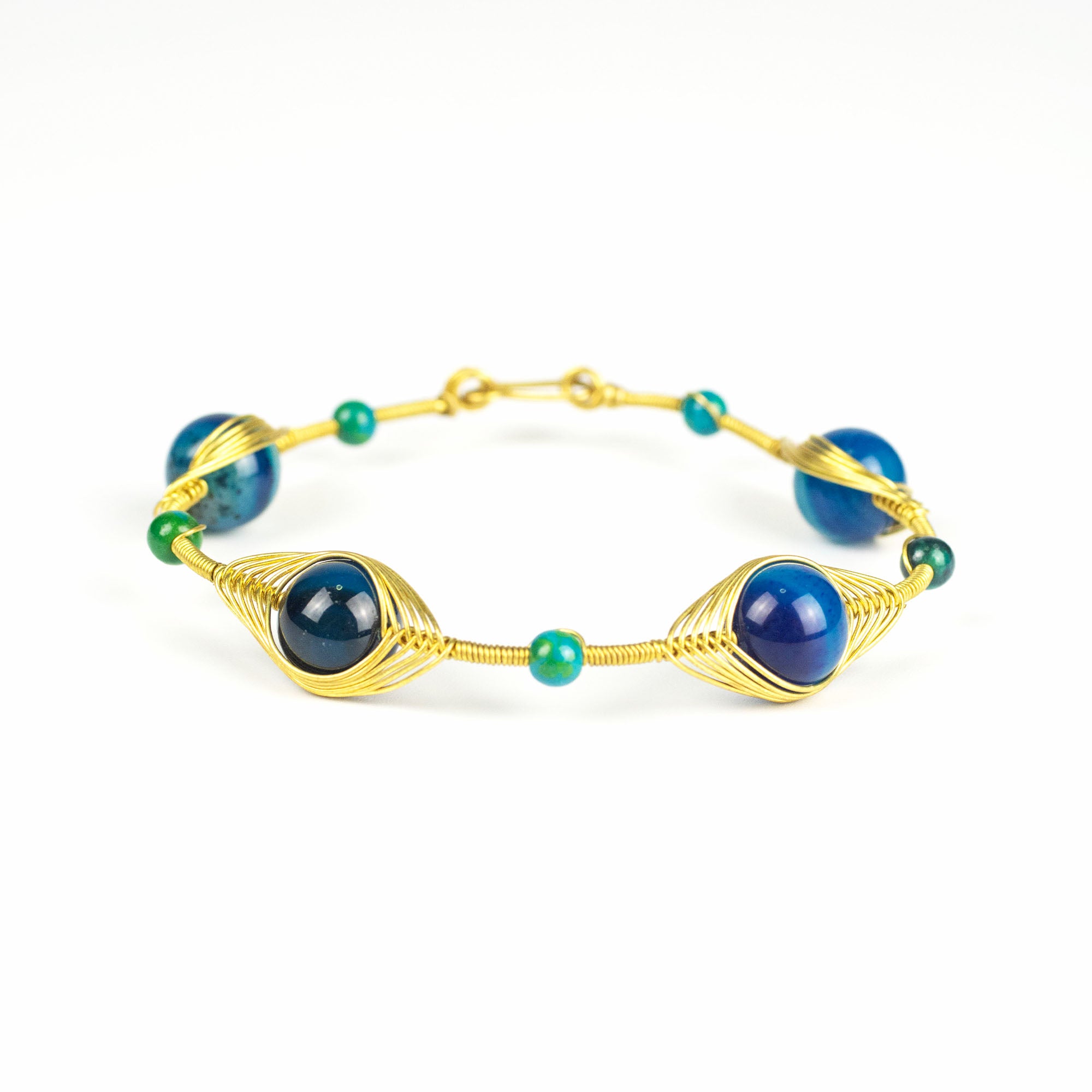 Wired Brass Bracelet with Blue Marble Beads