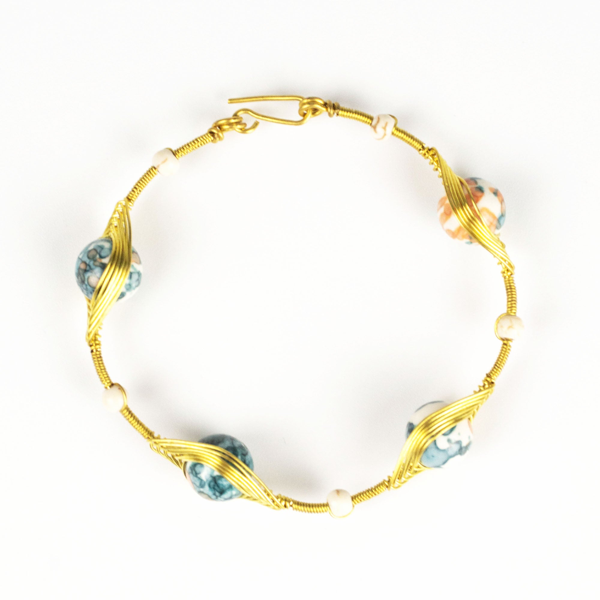 Wired Brass Bracelet with Green Marble Beads