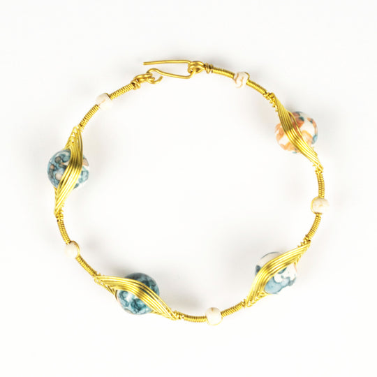 Wired Brass Bracelet with Green Marble Beads