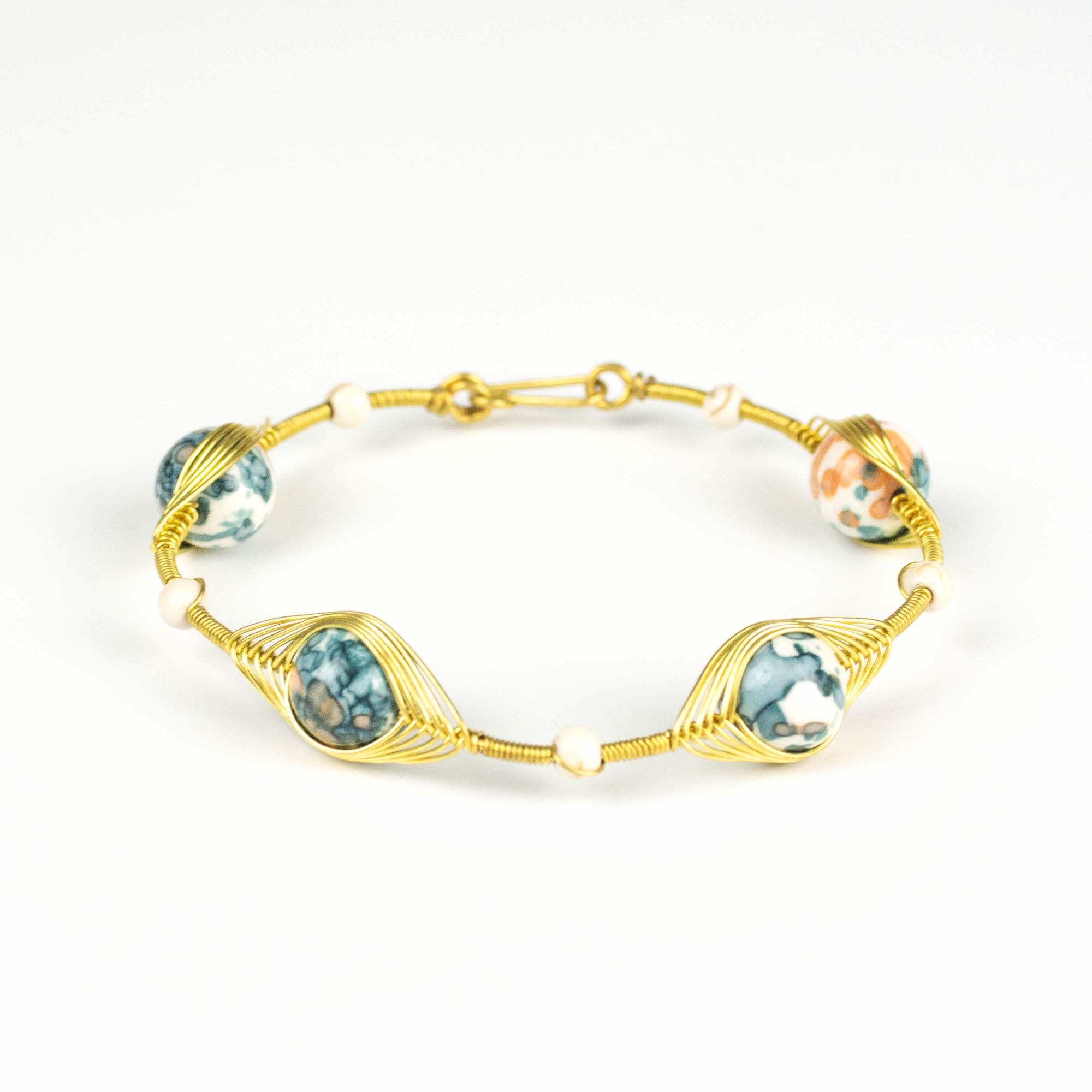 Wired Brass Bracelet with Green Marble Beads