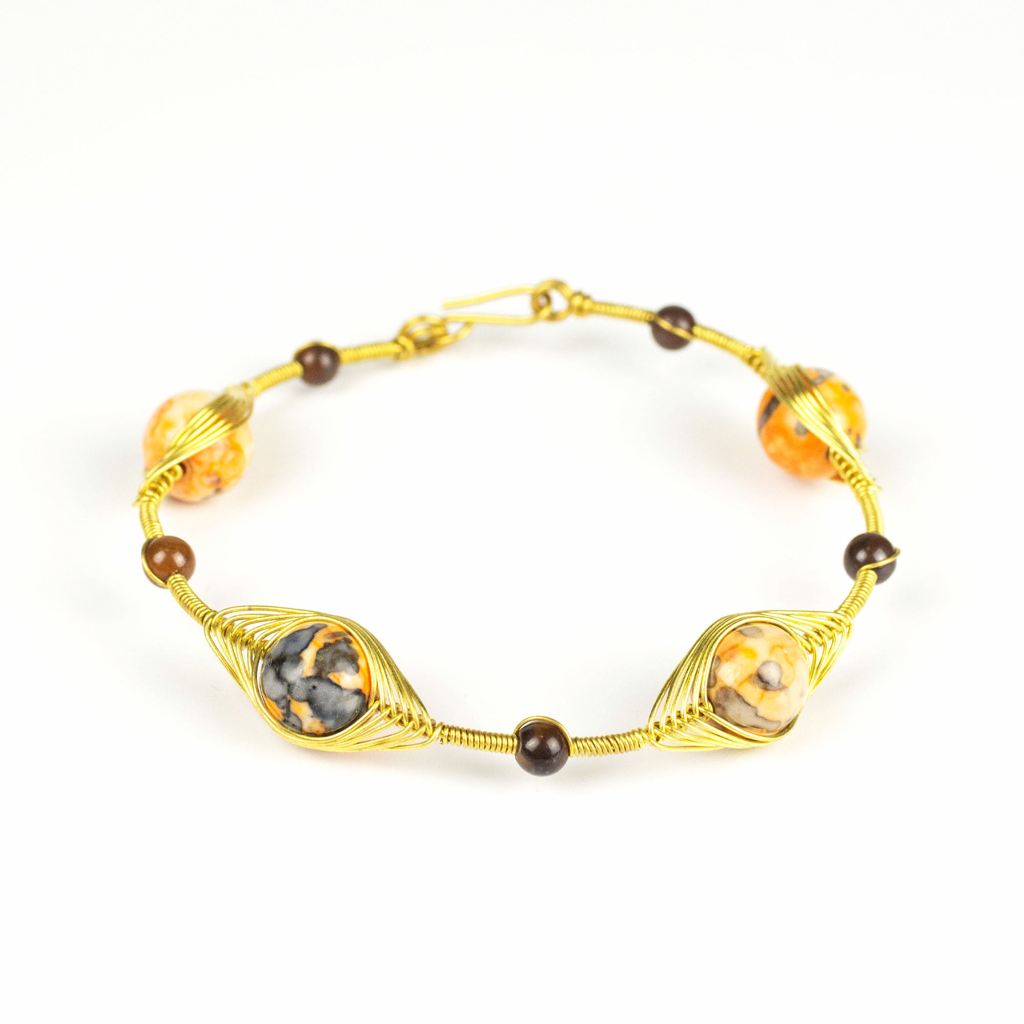 Wired Brass Bracelet with Orange Marble Beads