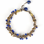 Wired Gold Yarn Bracelet with Brass and Blue Beads