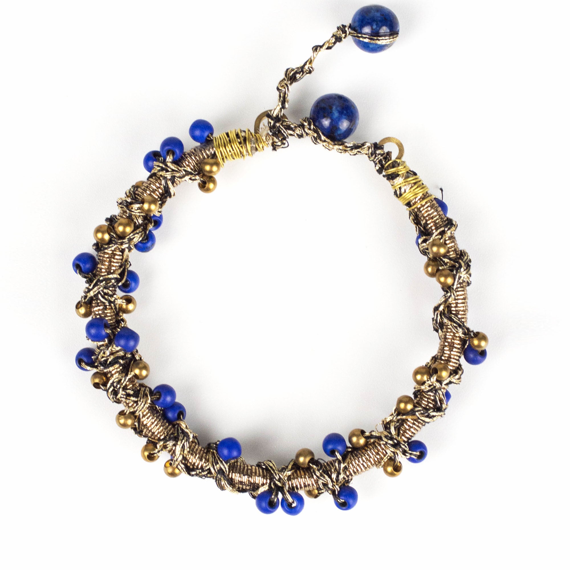 Wired Gold Yarn Bracelet with Brass and Blue Beads