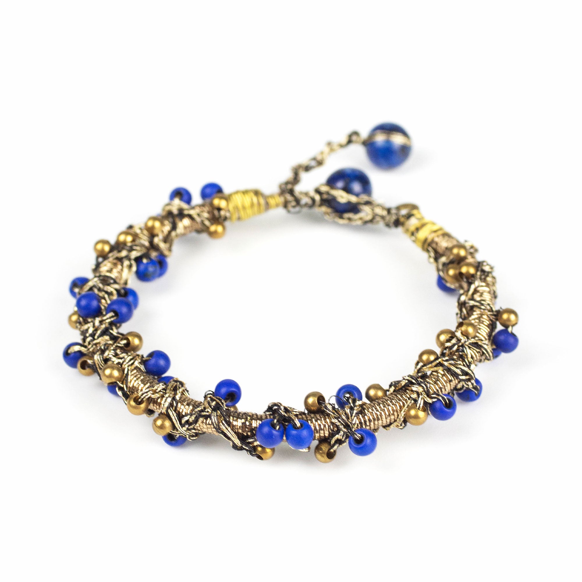 Wired Gold Yarn Bracelet with Brass and Blue Beads