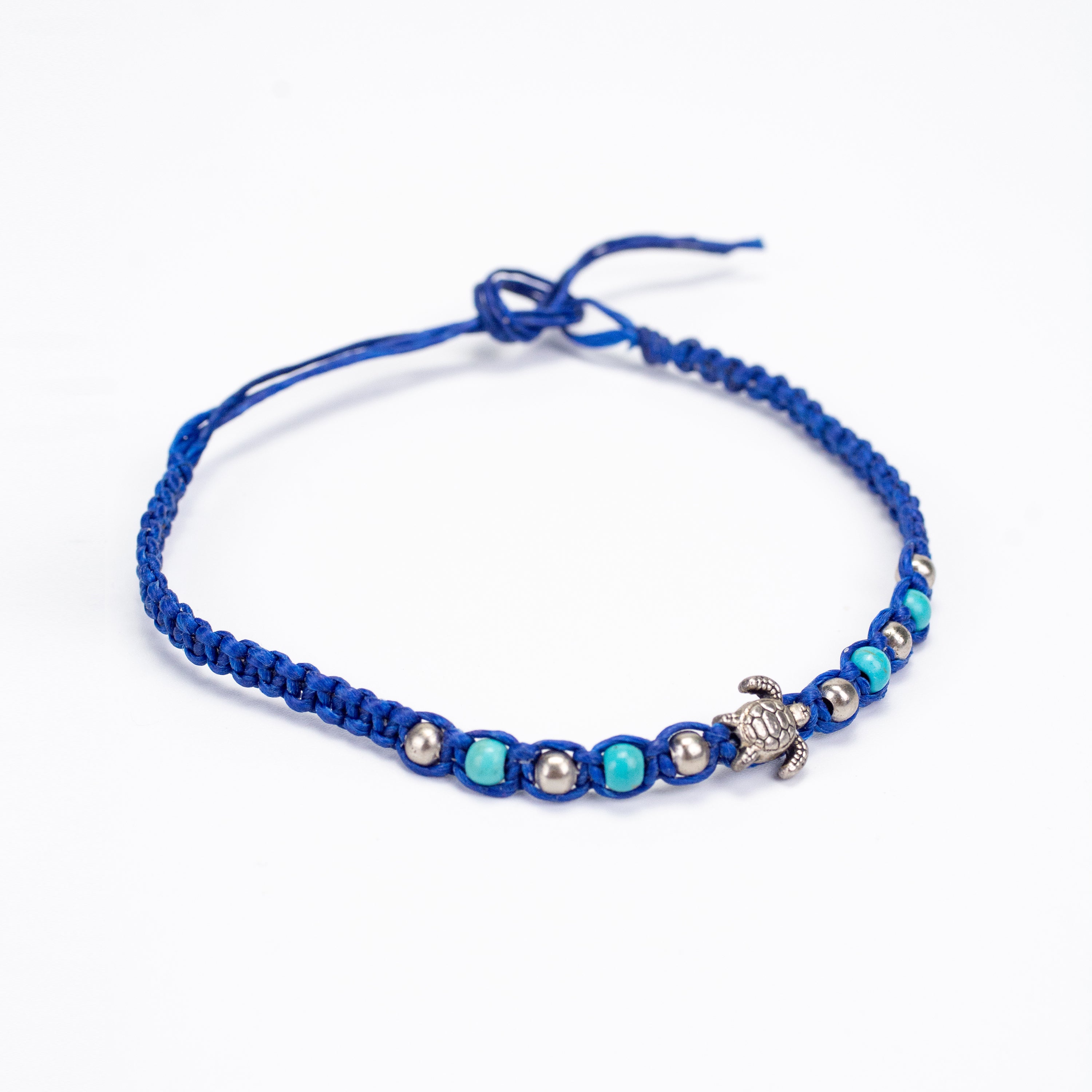 Turquoise and Silver Beads Bracelet with Turtle Silver Charm in Blue