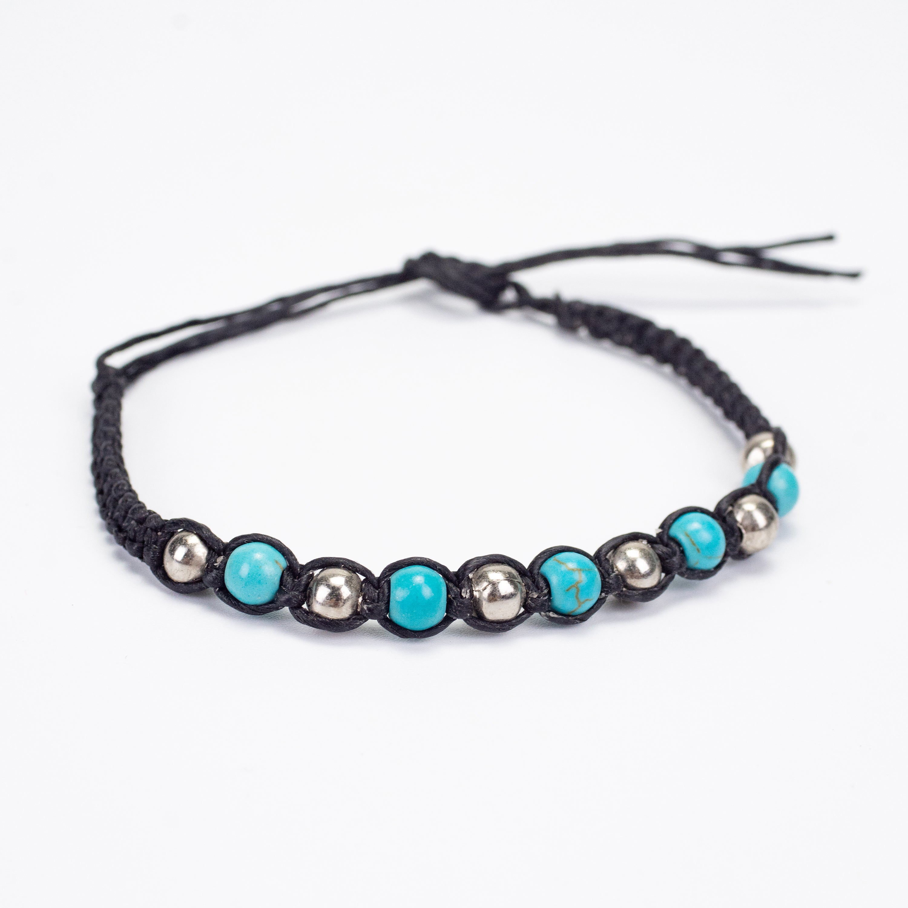 Turquoise Stones and Silver Beads Bracelet in Black