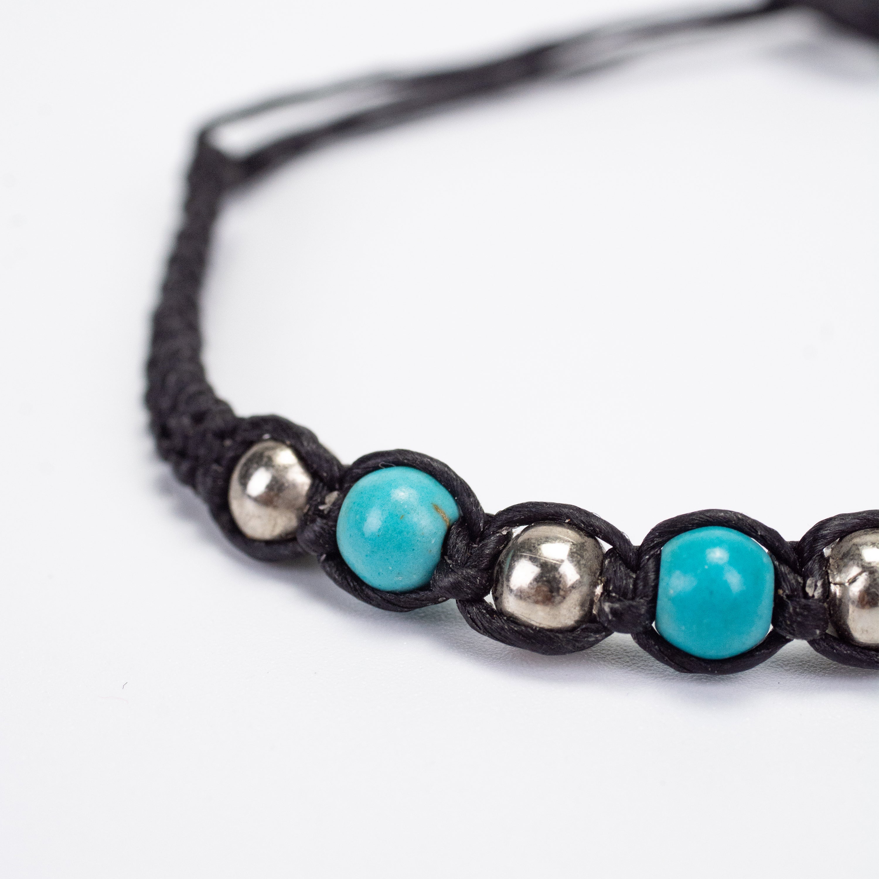 Turquoise Stones and Silver Beads Bracelet in Black