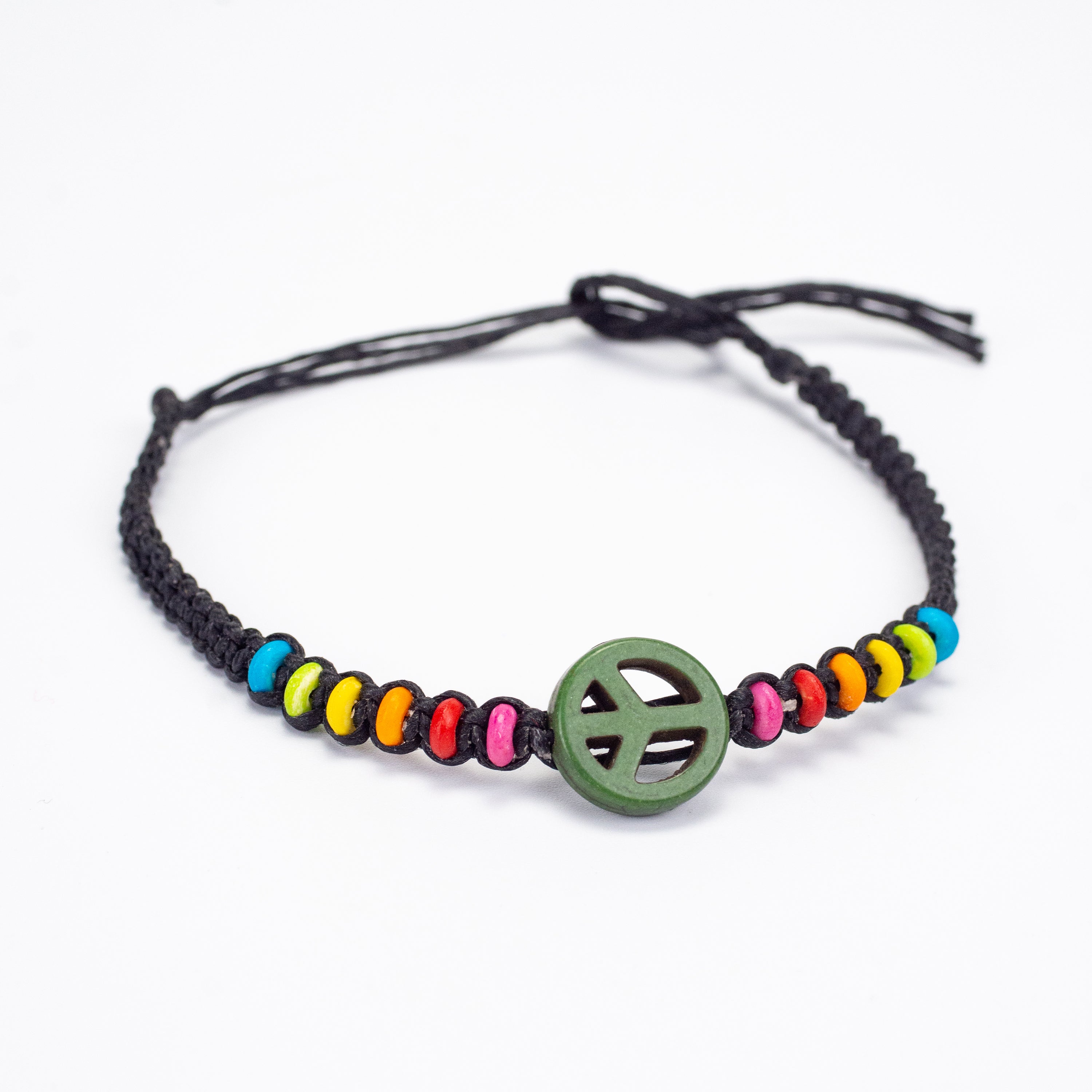 Rainbow Beads Bracelet with Peace Sign Charm in Black