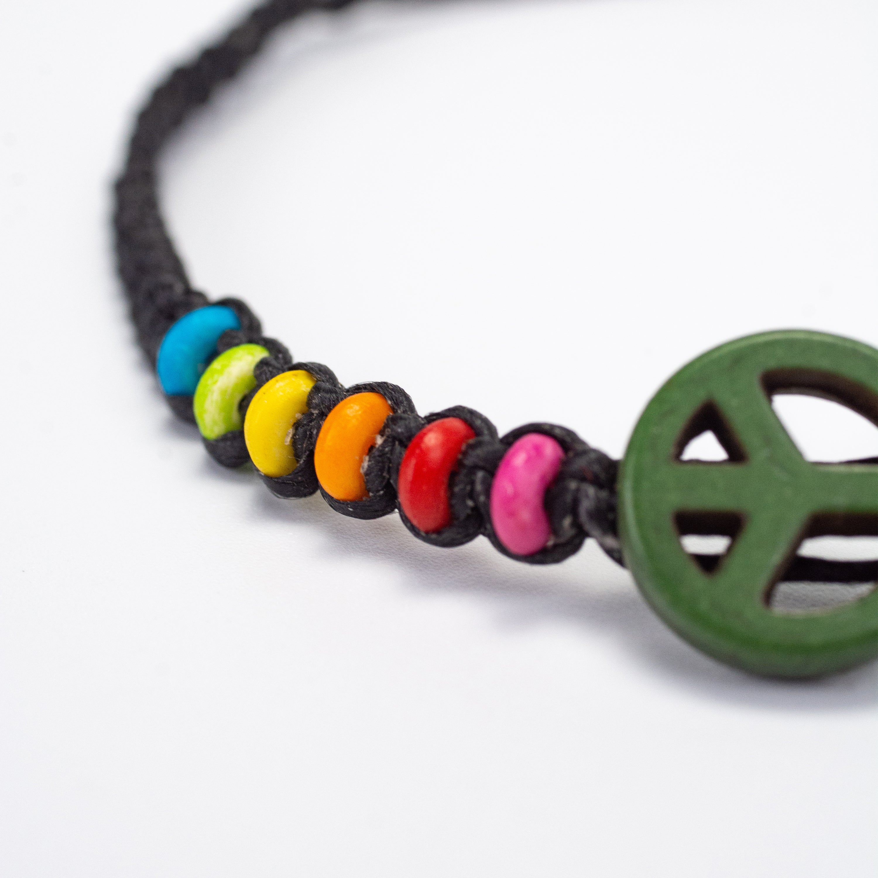 Rainbow Beads Bracelet with Peace Sign Charm in Black