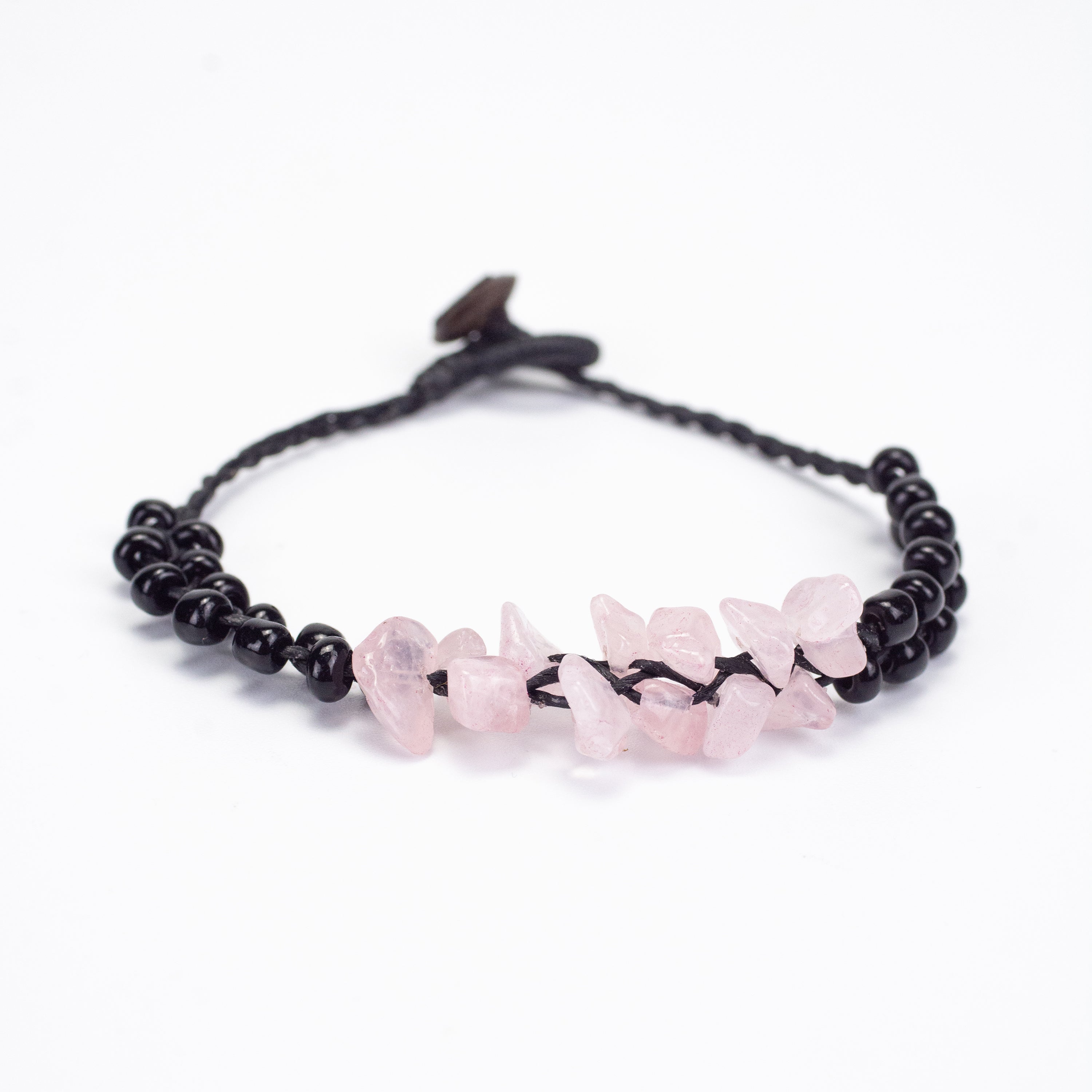 Rose Quartz Stones and Black Beads Bracelet in Black