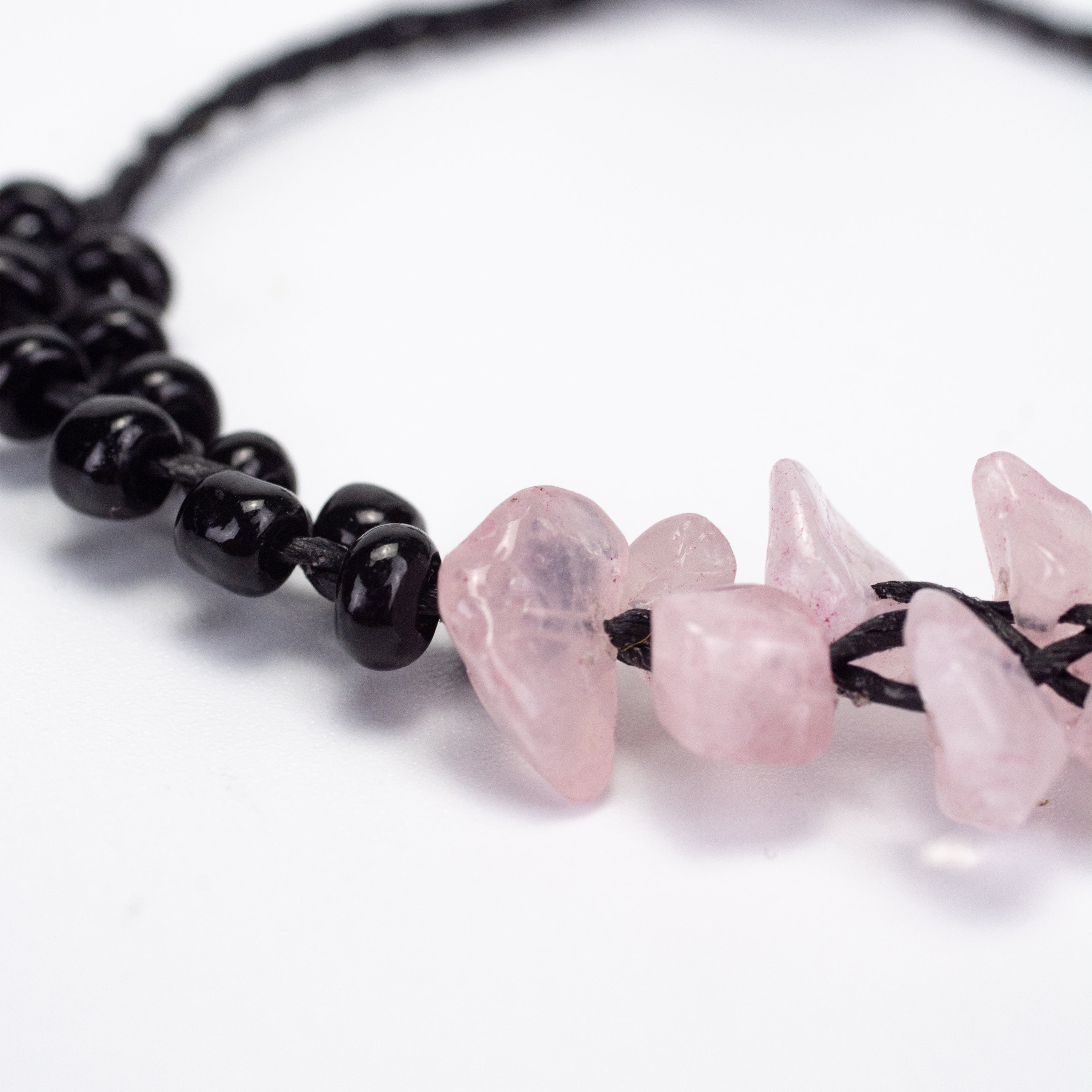 Rose Quartz Stones and Black Beads Bracelet in Black