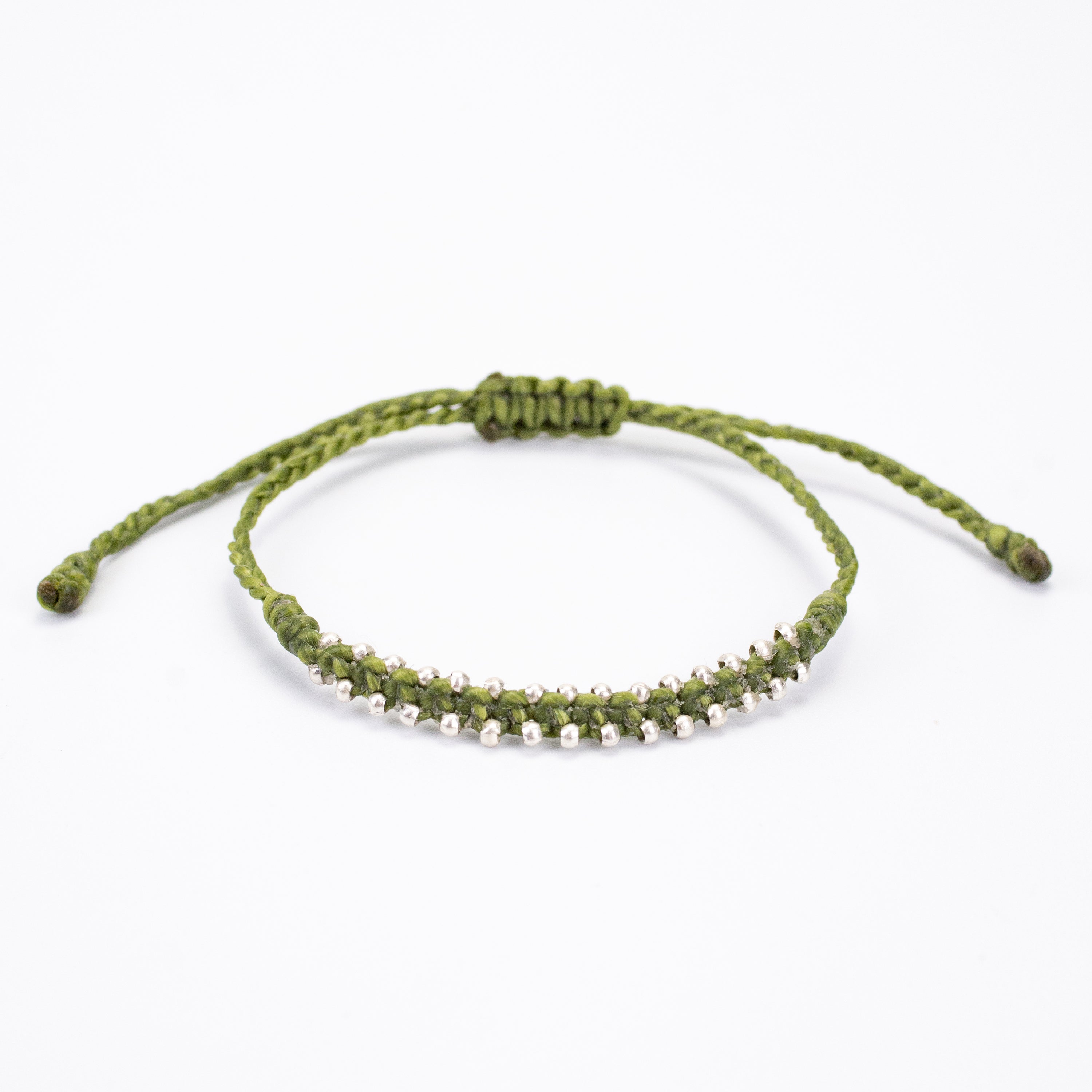 Silver Beads Bracelet in Olive Green
