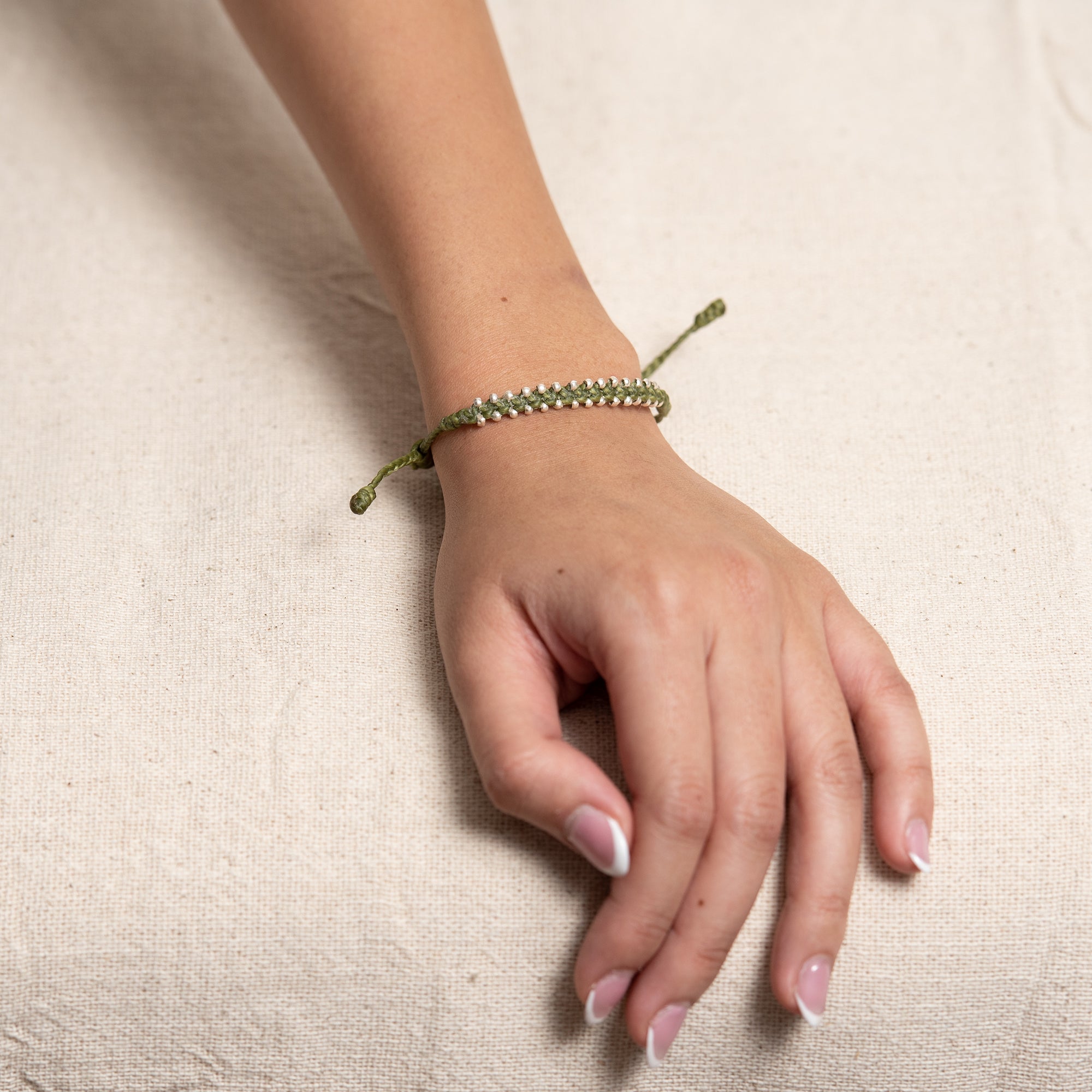 Silver Beads Bracelet in Olive Green