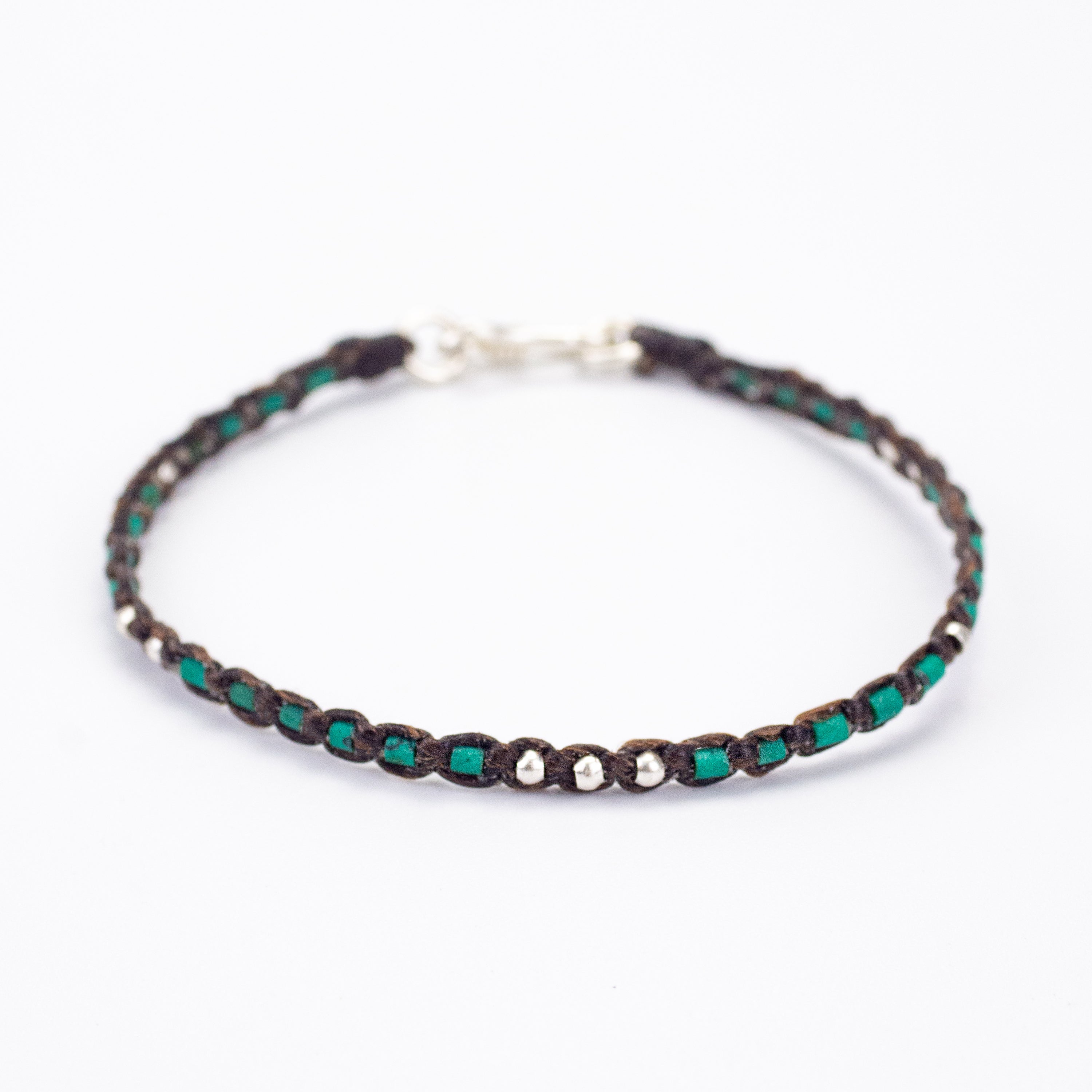 Turquoise and Silver Beads Bracelet in Brown
