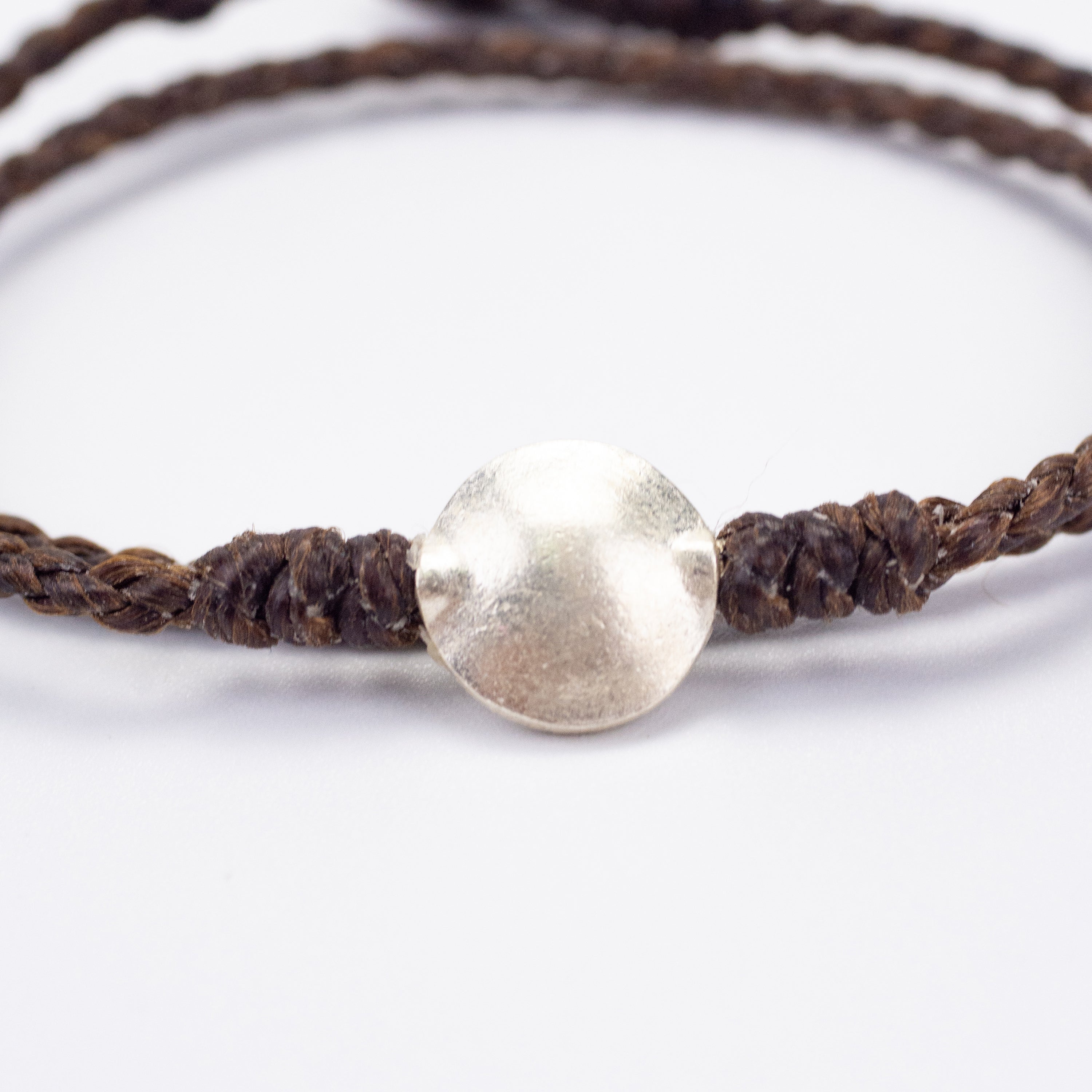 Double Wrap Strand Bracelet with Circle and Om Silver Charms in Brown
