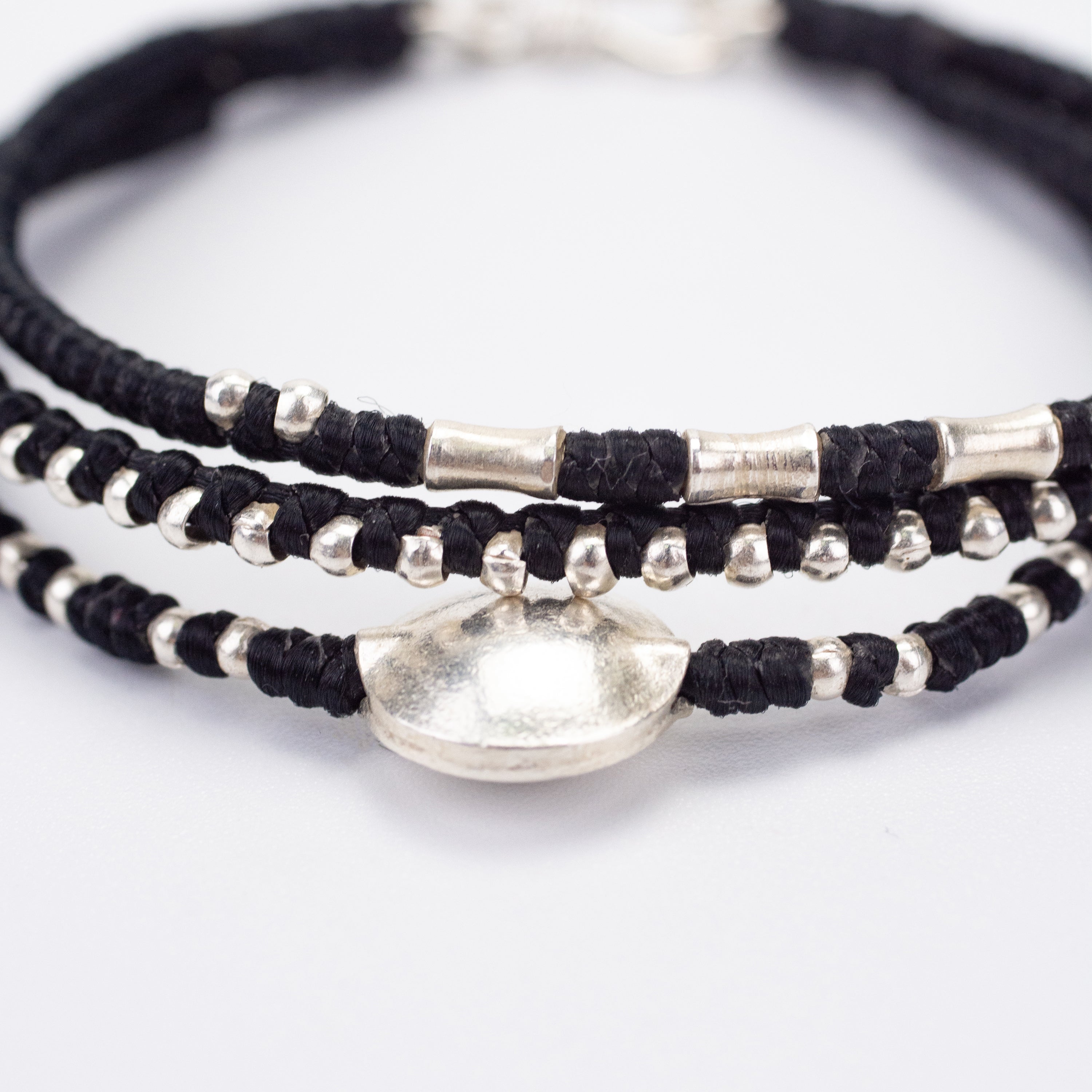 Triple Strands Silver Beads Bracelet with Circle Silver Charm in Black