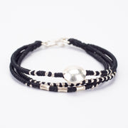 Triple Strands Silver Beads Bracelet with Circle Silver Charm in Black