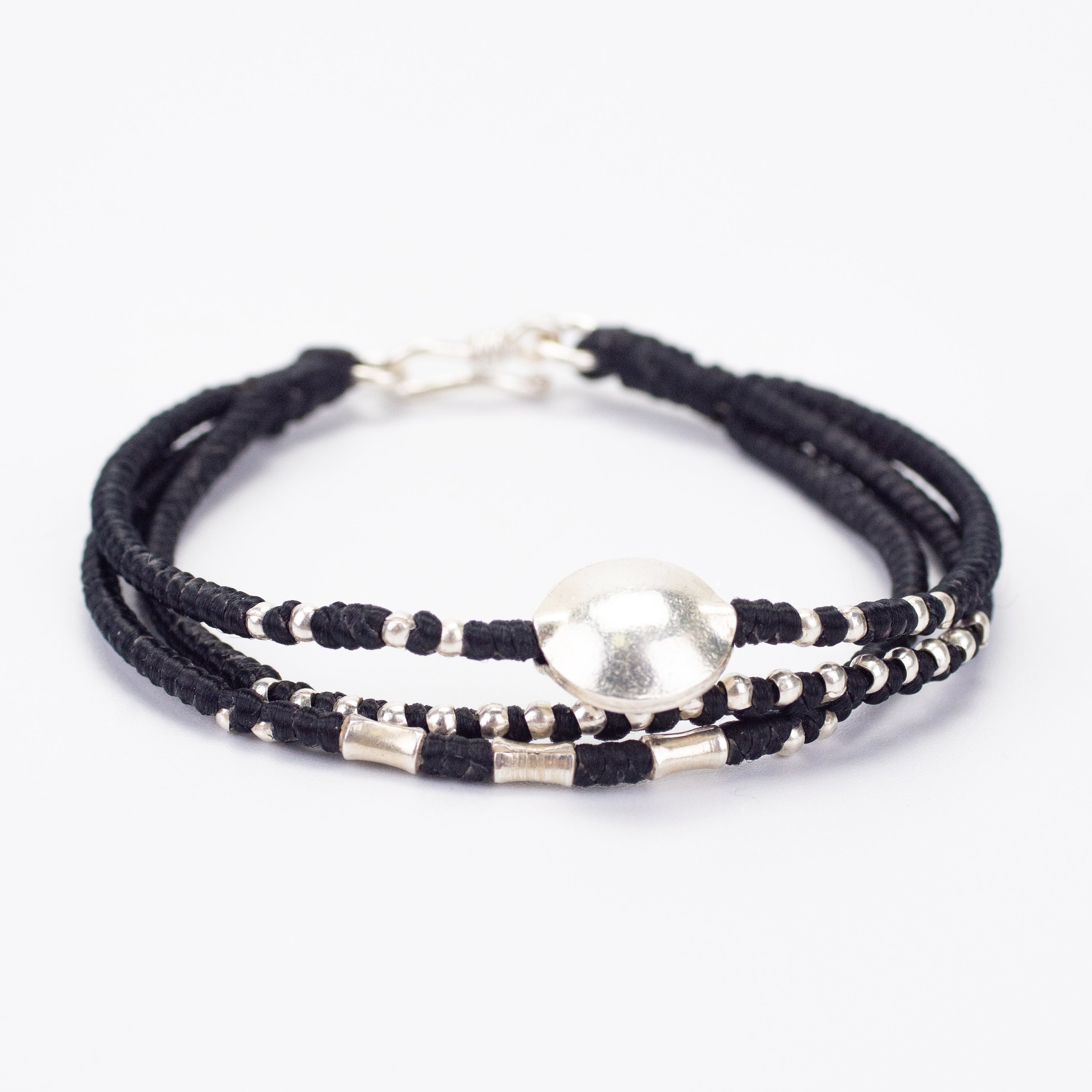 Triple Strands Silver Beads Bracelet with Circle Silver Charm in Black