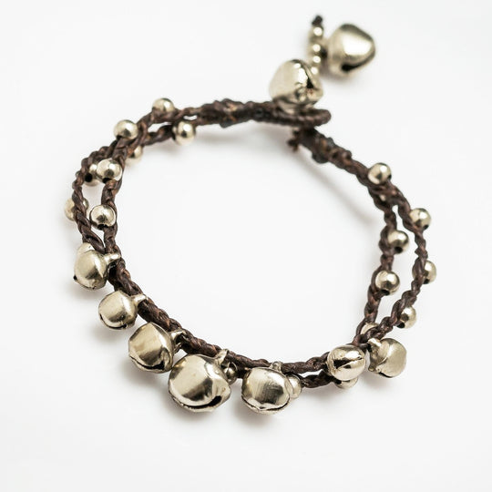 Silver Color Bell Waxed Cotton Bracelets in Chocolate
