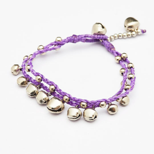 Silver Color Bell Waxed Cotton Bracelets in Violet