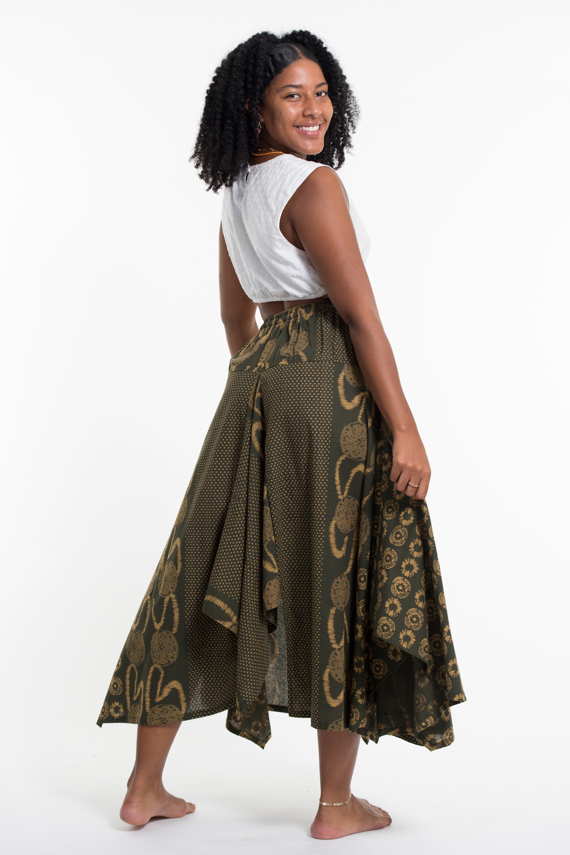 Daisy Dot Prints Cotton Handkerchief Midi Skirt in Olive