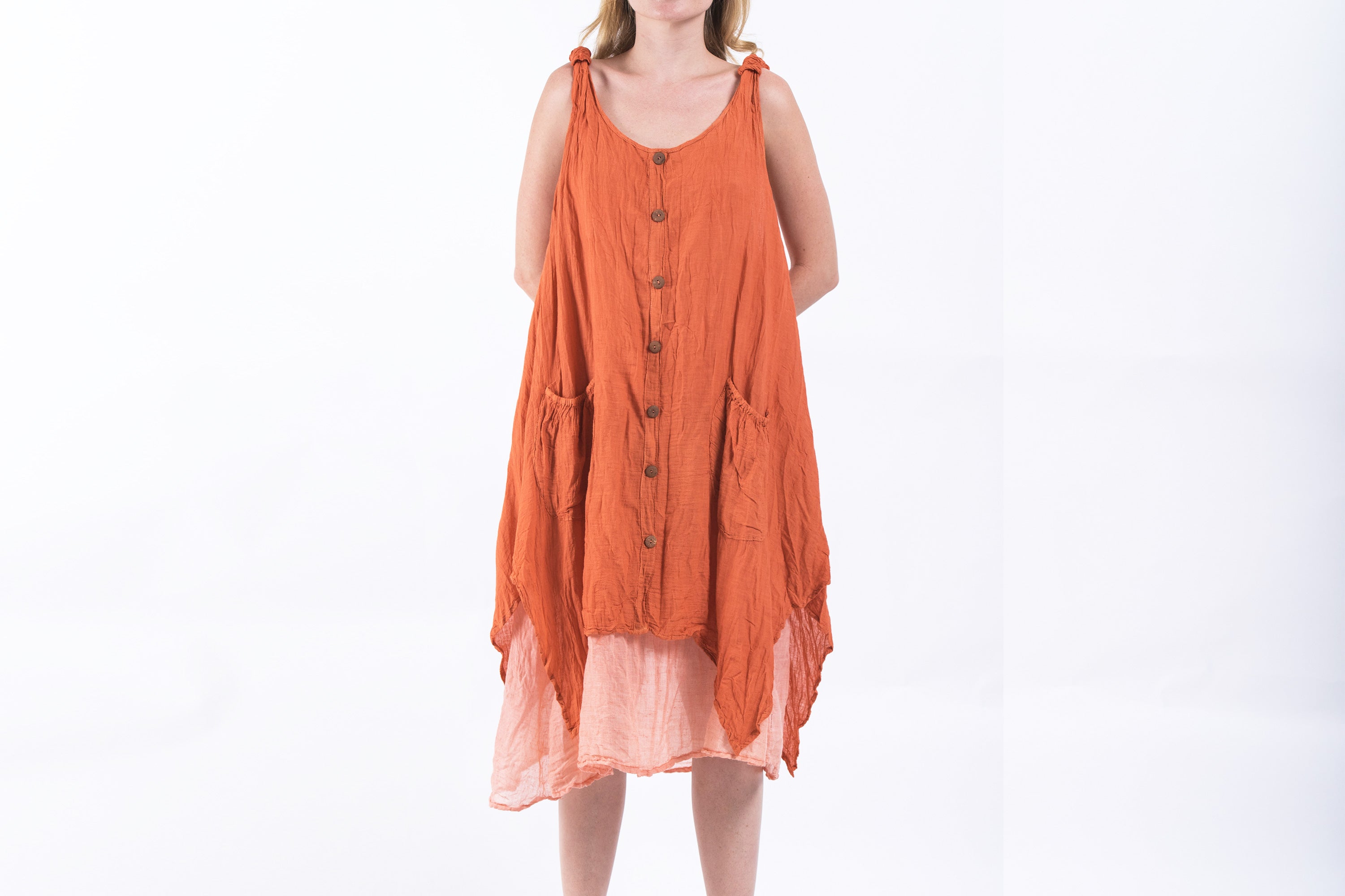 Crinkled Hill Tribe Cotton Tank Dress in Orange