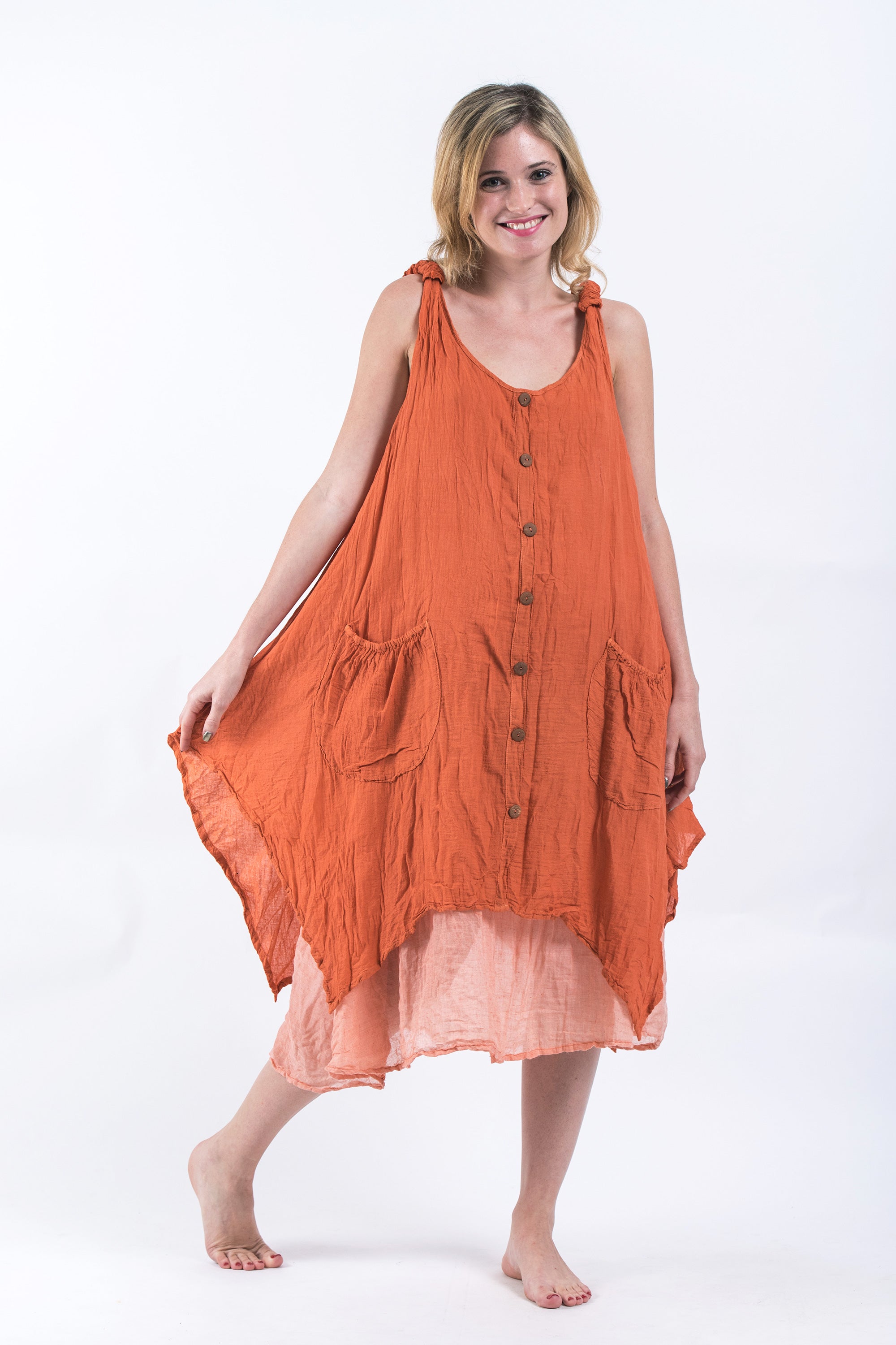 Crinkled Hill Tribe Cotton Tank Dress in Orange