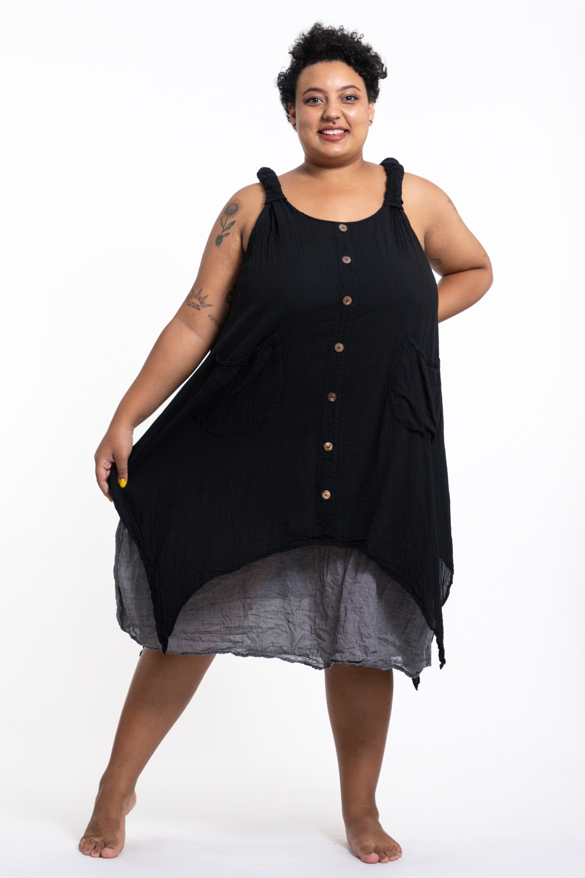 Plus Size Women s Crinkled Hill Tribe Cotton Tank Dress in Black Harem Pants