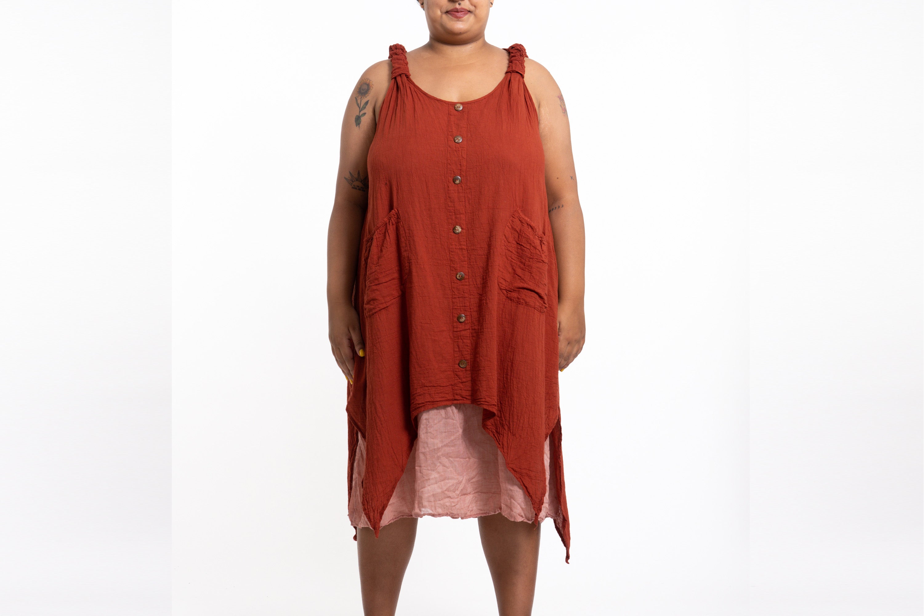 Plus Size Women's Crinkled Hill Tribe Cotton Tank Dress in Brick
