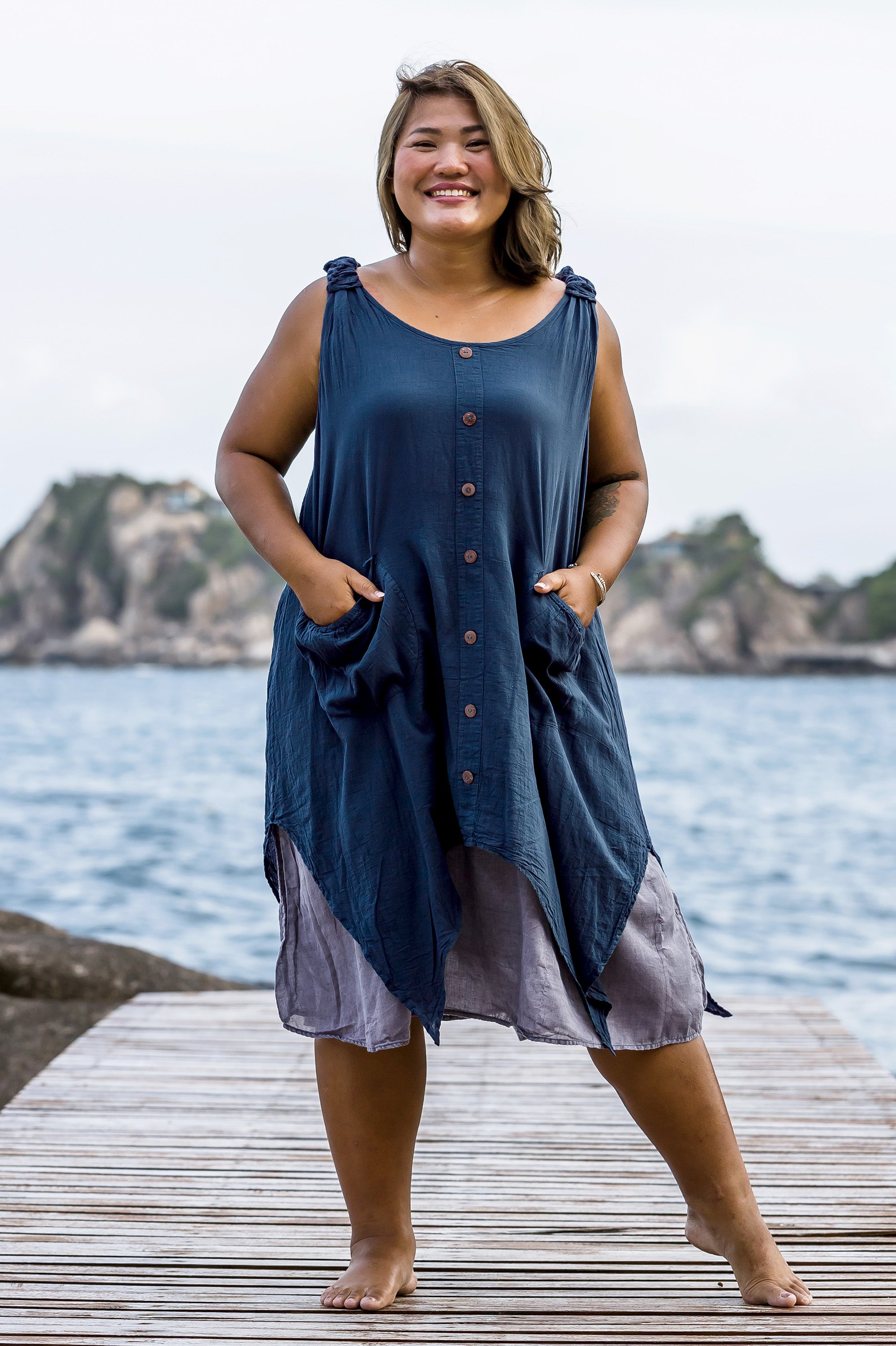møl restaurant Udvinding Plus Size Women's Crinkled Hill Tribe Cotton Tank Dress in Navy – Harem  Pants