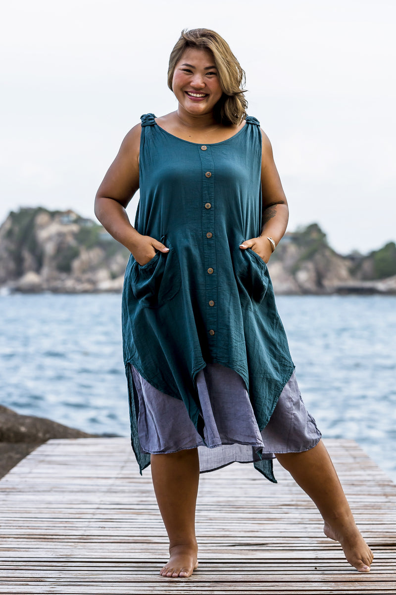 Plus Size Women's Crinkled Hill Tribe Cotton Tank Dress in Teal – Harem ...
