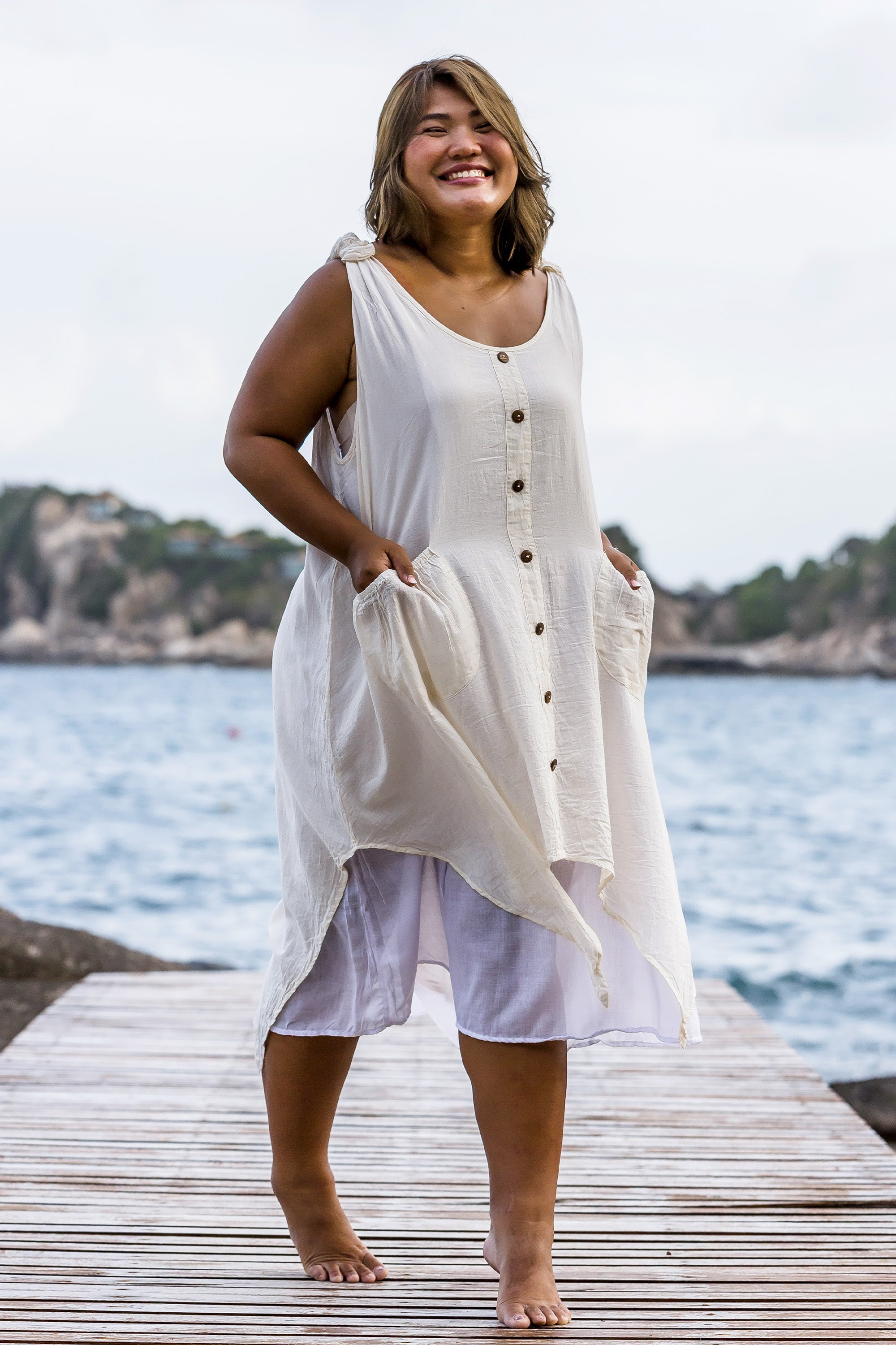 Plus Size Women's Crinkled Hill Tribe Cotton Tank Dress in Off White Harem Pants Plus Size Women's Crinkled Hill Tribe Cotton Tank Dress in Off White Harem Pants