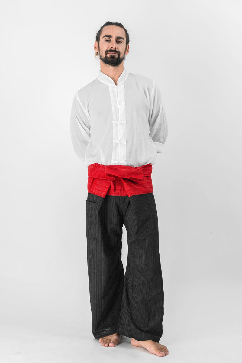 Unisex 2-Tone Pinstripes Thai Fisherman Pants in Black Red – Harem Pants