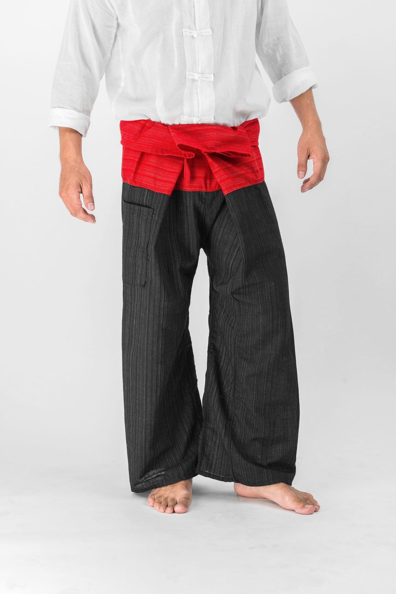 Unisex 2-Tone Pinstripes Thai Fisherman Pants in Black Red