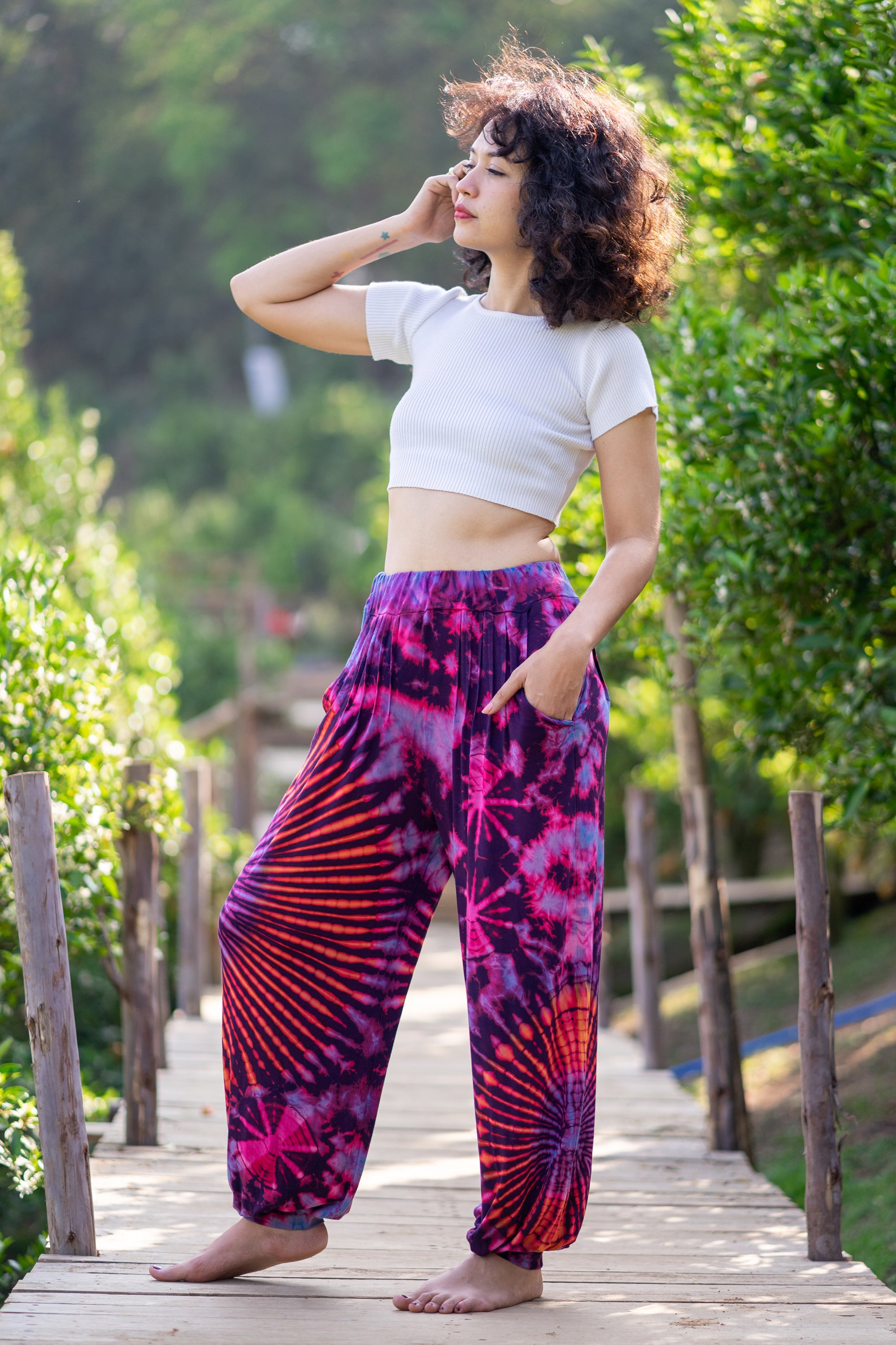 Soft Flex Womens Tie Dye Harem Pants in Purple Pink