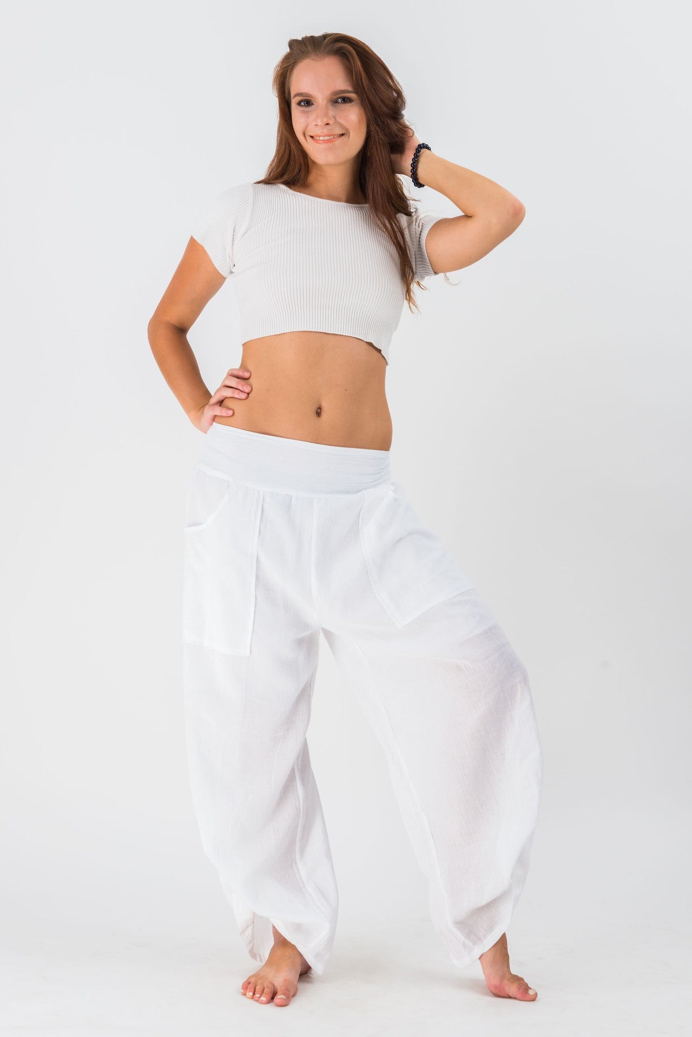 Women's Thai Button Up Cotton Pants in Solid White