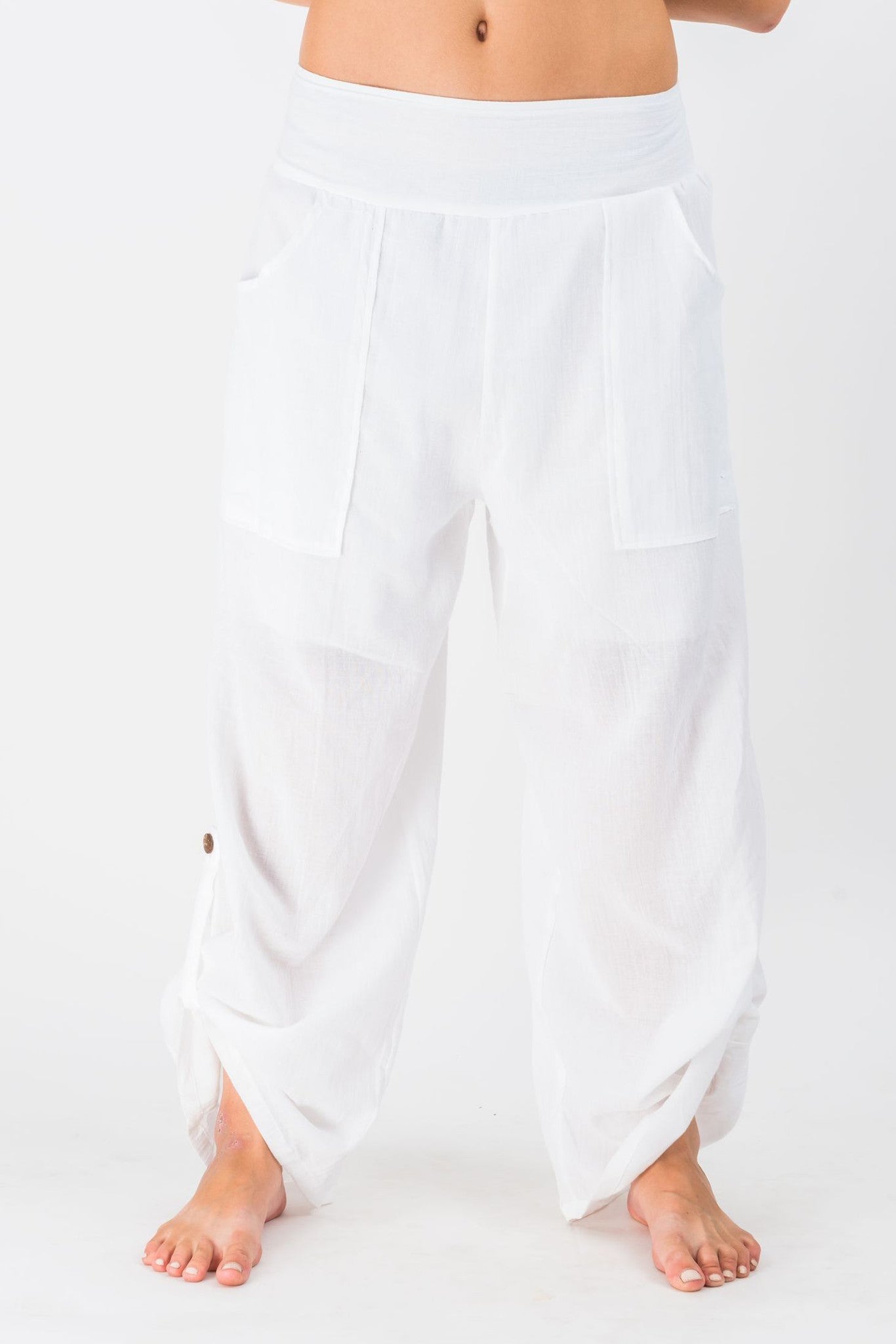 Women's Thai Button Up Cotton Pants in Solid White