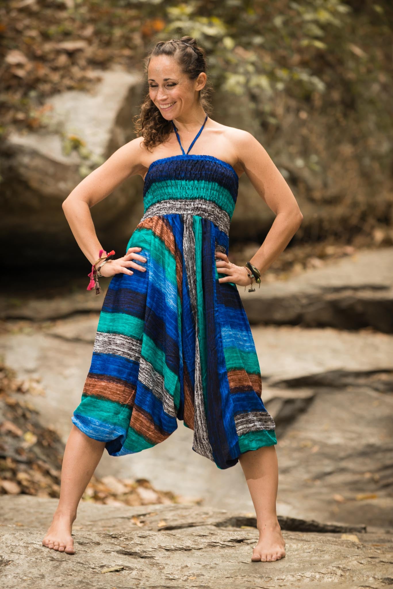 Boho Striped 2-in-1 Jumpsuit Harem Pants in Turquoise