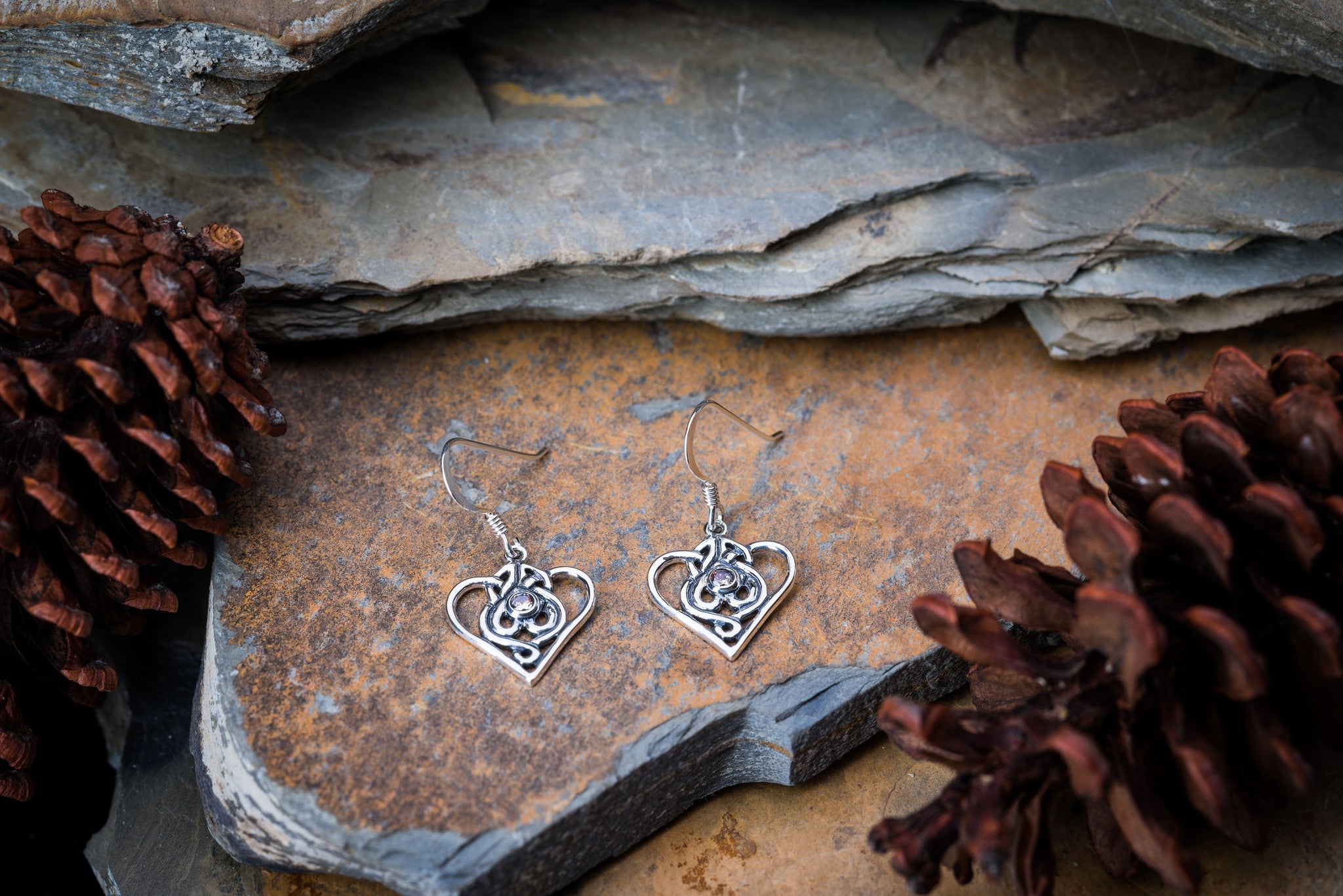 Thai Sterling Silver Heart-shaped Amethyst Dangling Earrings