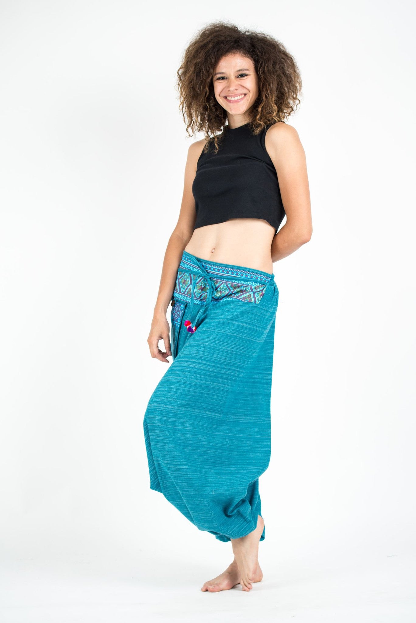 Pinstripe Cotton Low Cut Women's Harem Pants With Hill Tribe Trim Blue