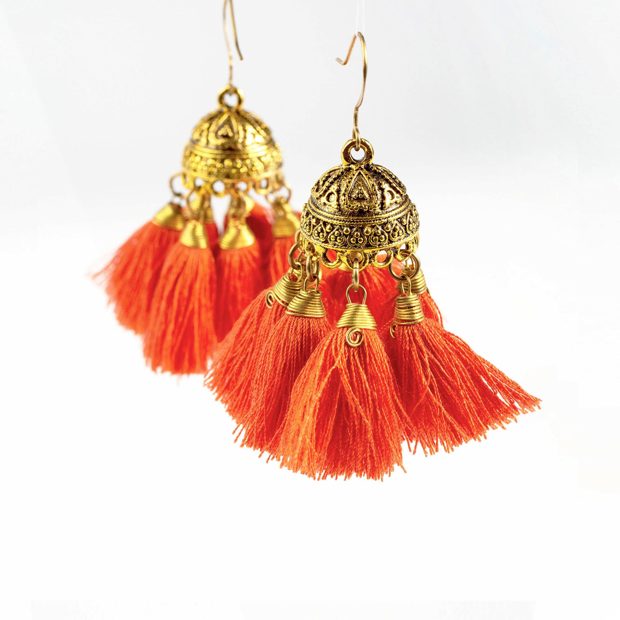 Orange Tassels Brass Earrings