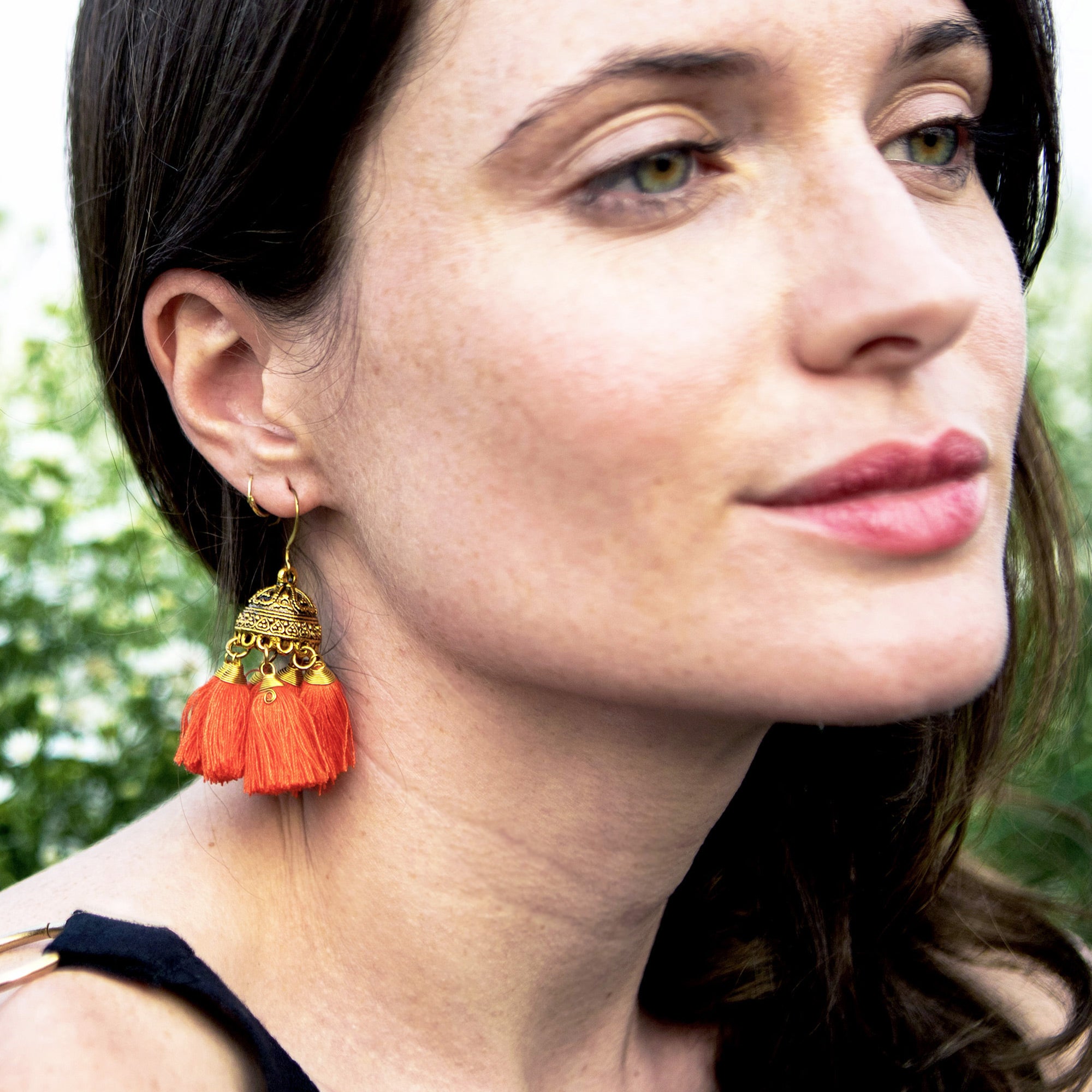 Orange Tassels Brass Earrings