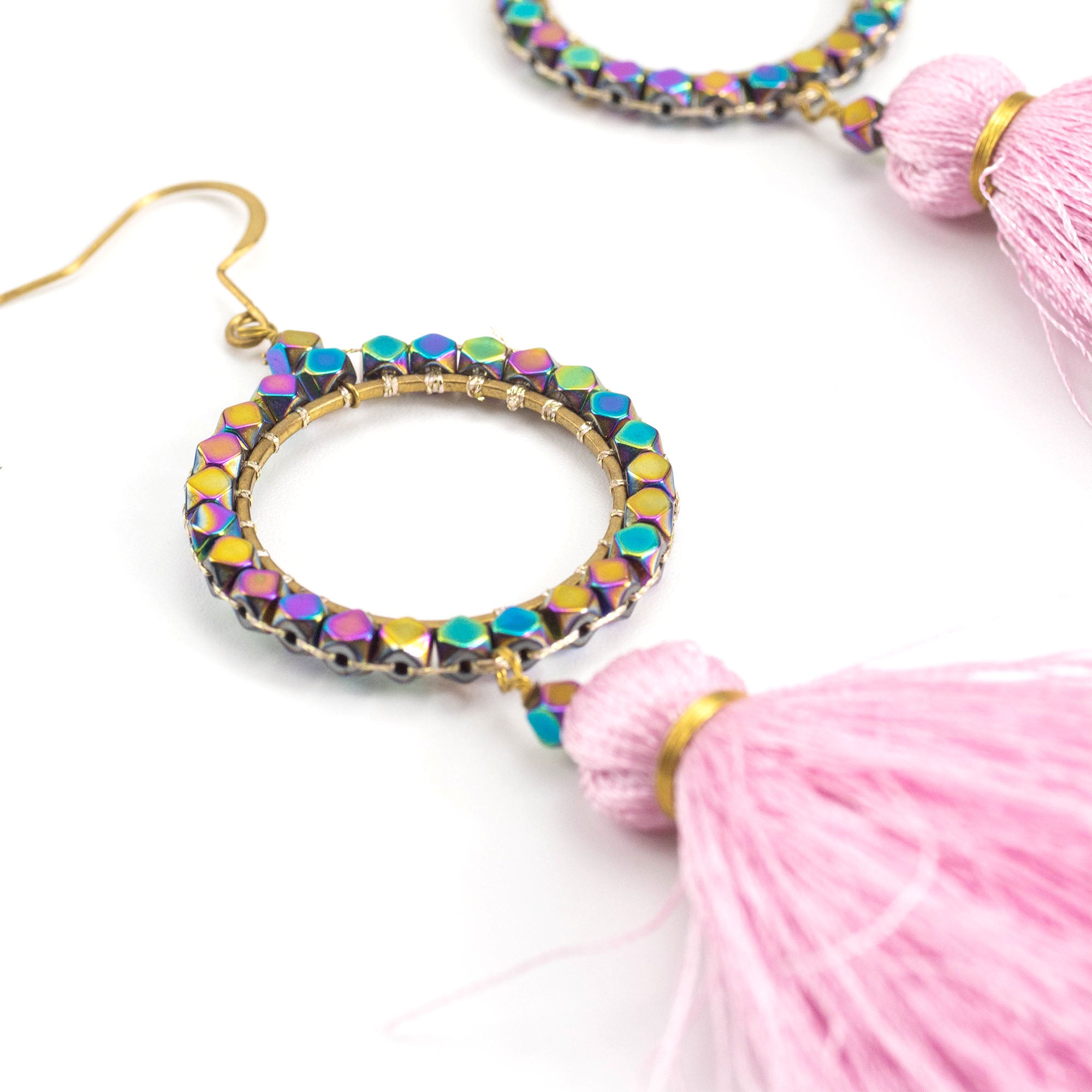 Circle Pink Tassels Brass Earrings