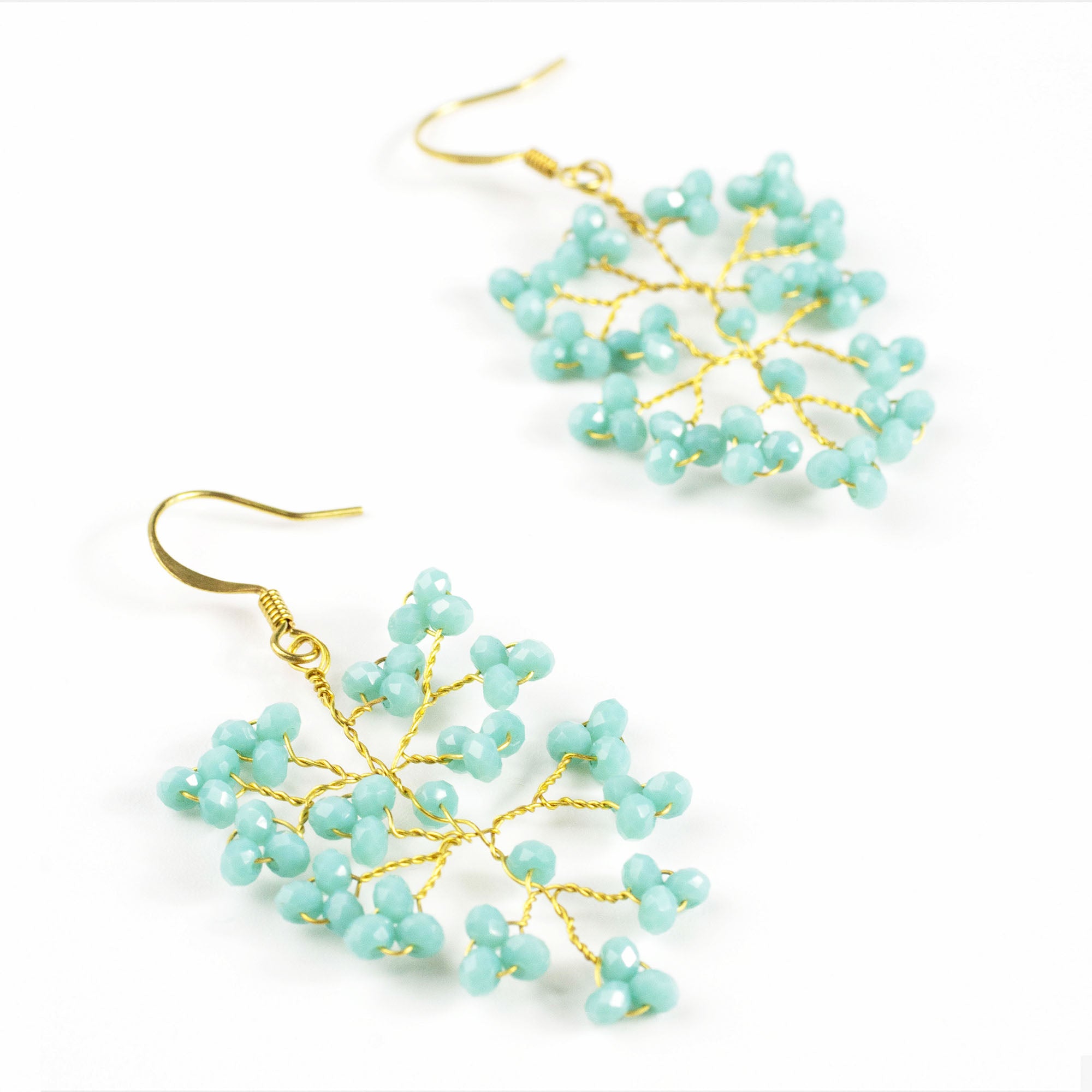 Grape Light Blue Beads Brass Earrings