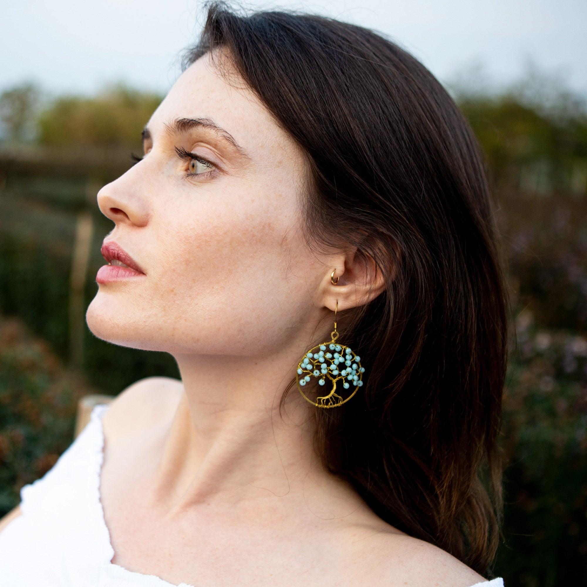 Tree of Life Light Blue Beads Brass Earrings