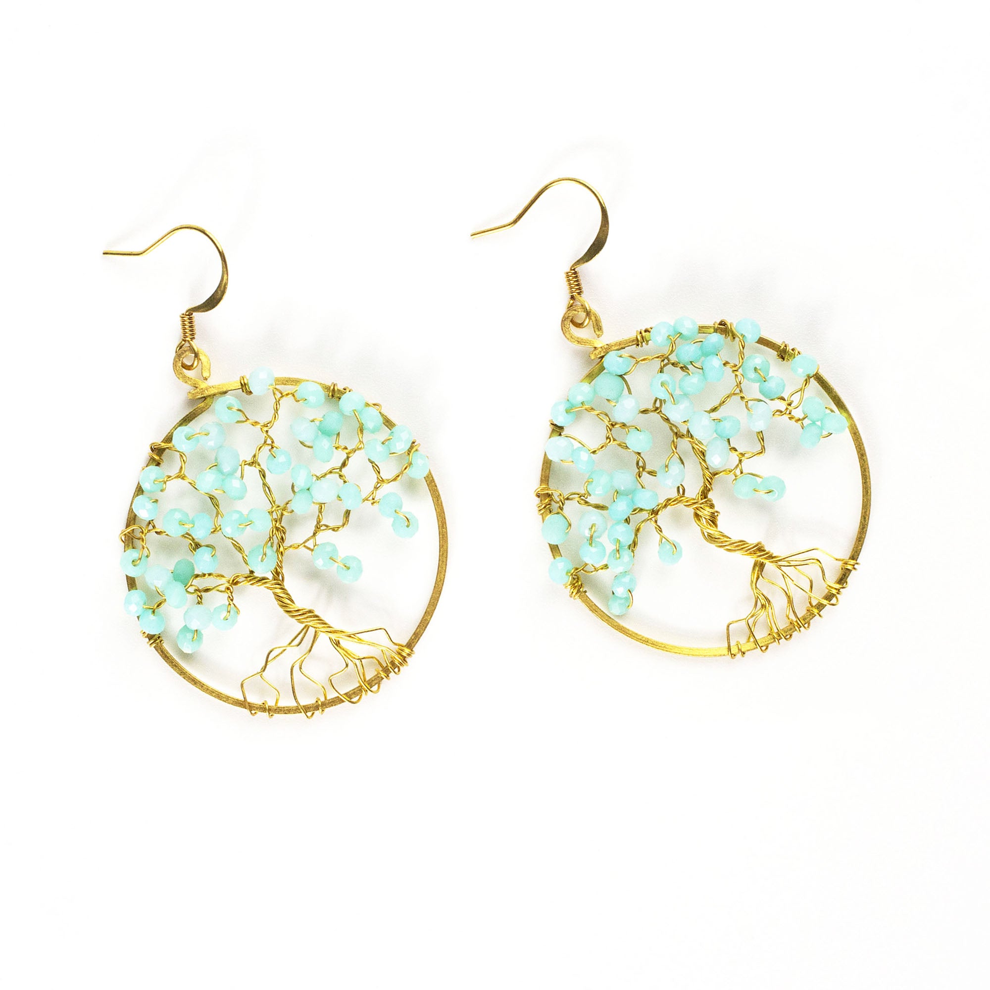 Tree of Life Light Blue Beads Brass Earrings