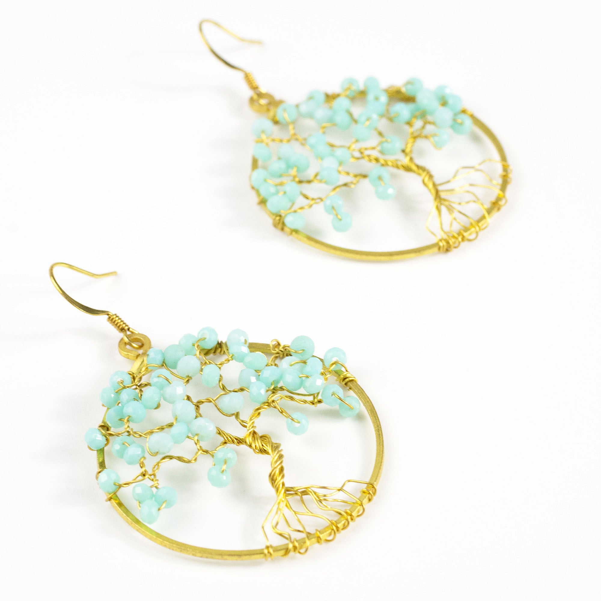 Tree of Life Light Blue Beads Brass Earrings
