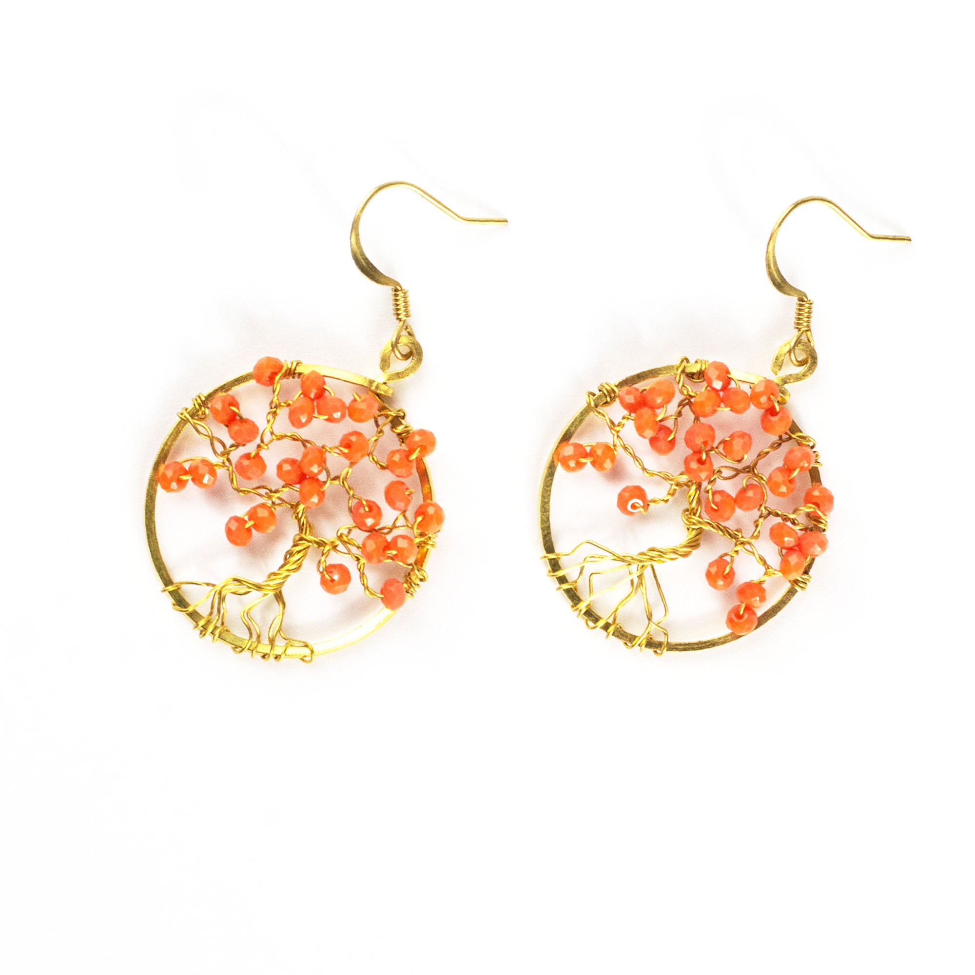 Tree of Life Orange Beads Brass Earrings