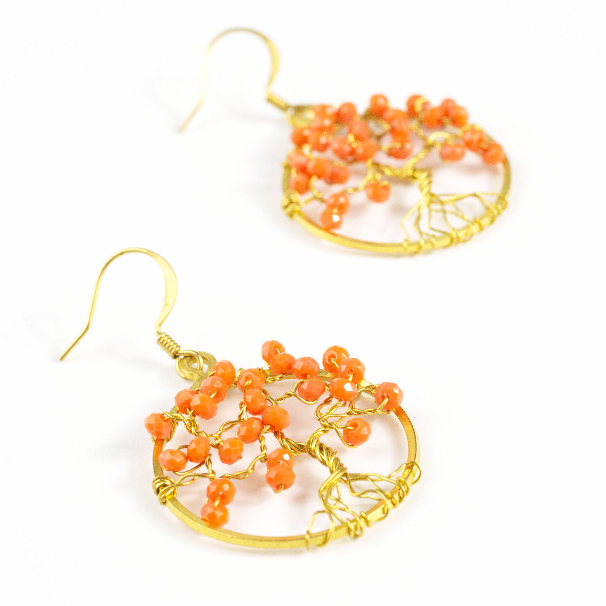 Tree of Life Orange Beads Brass Earrings
