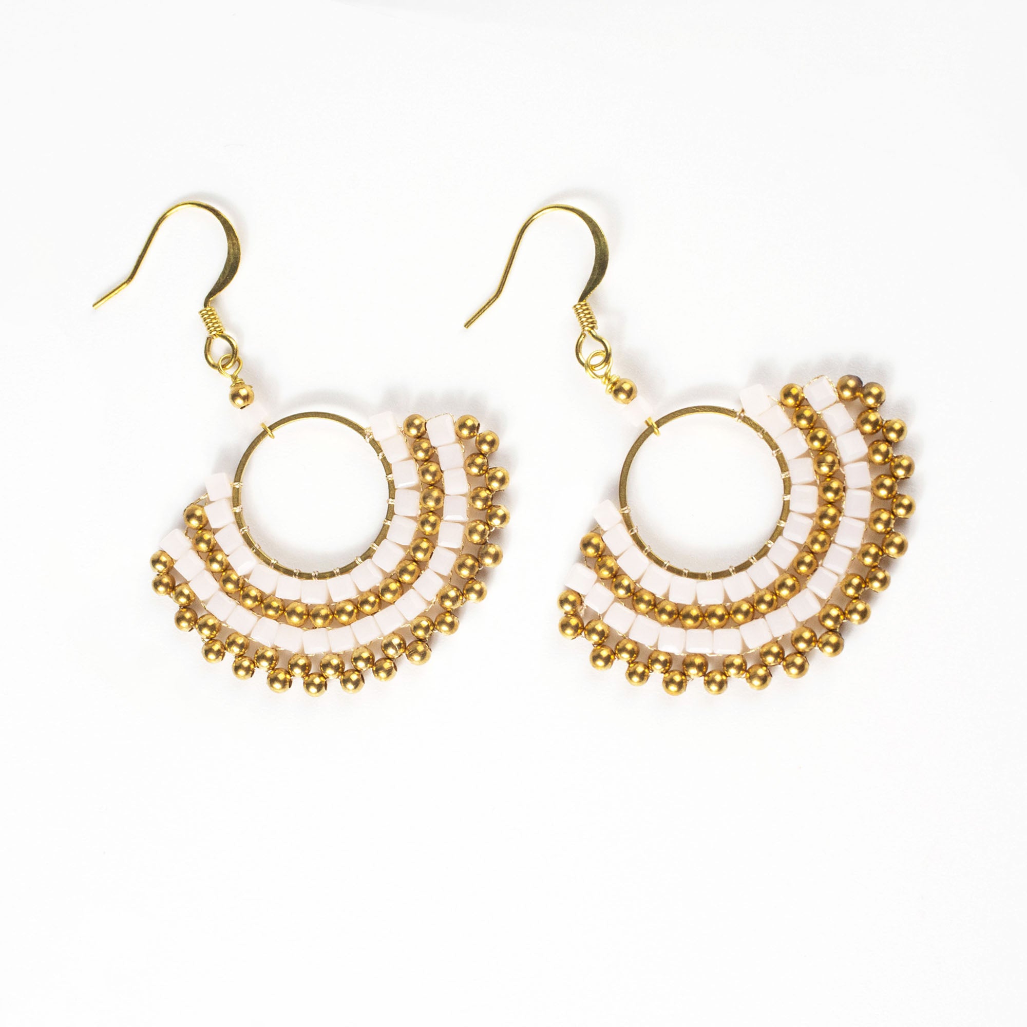 Fan White Beads Brass Earrings